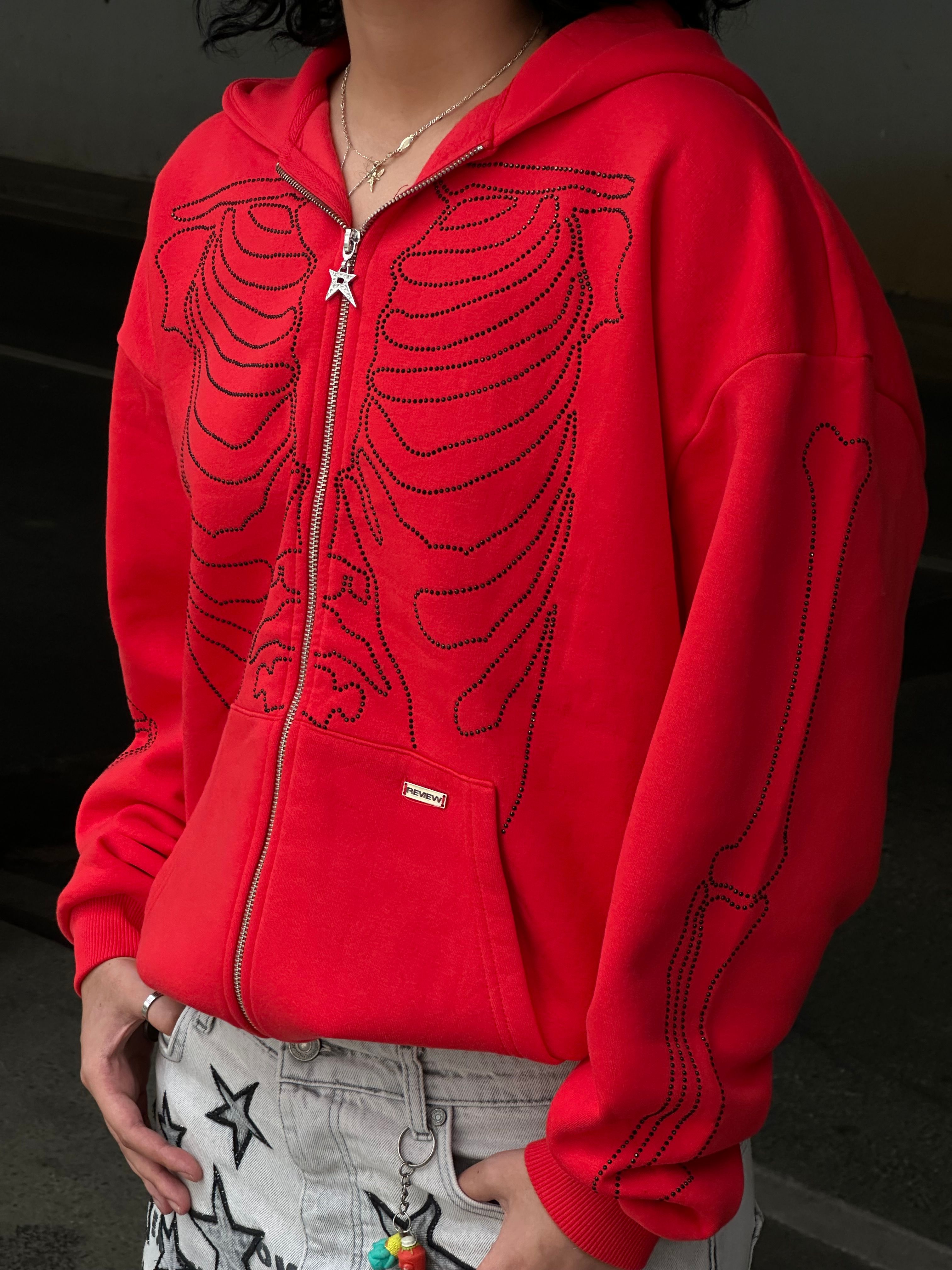 RW Red Skeleton Rhinestones Oversize Zipper Hoodie