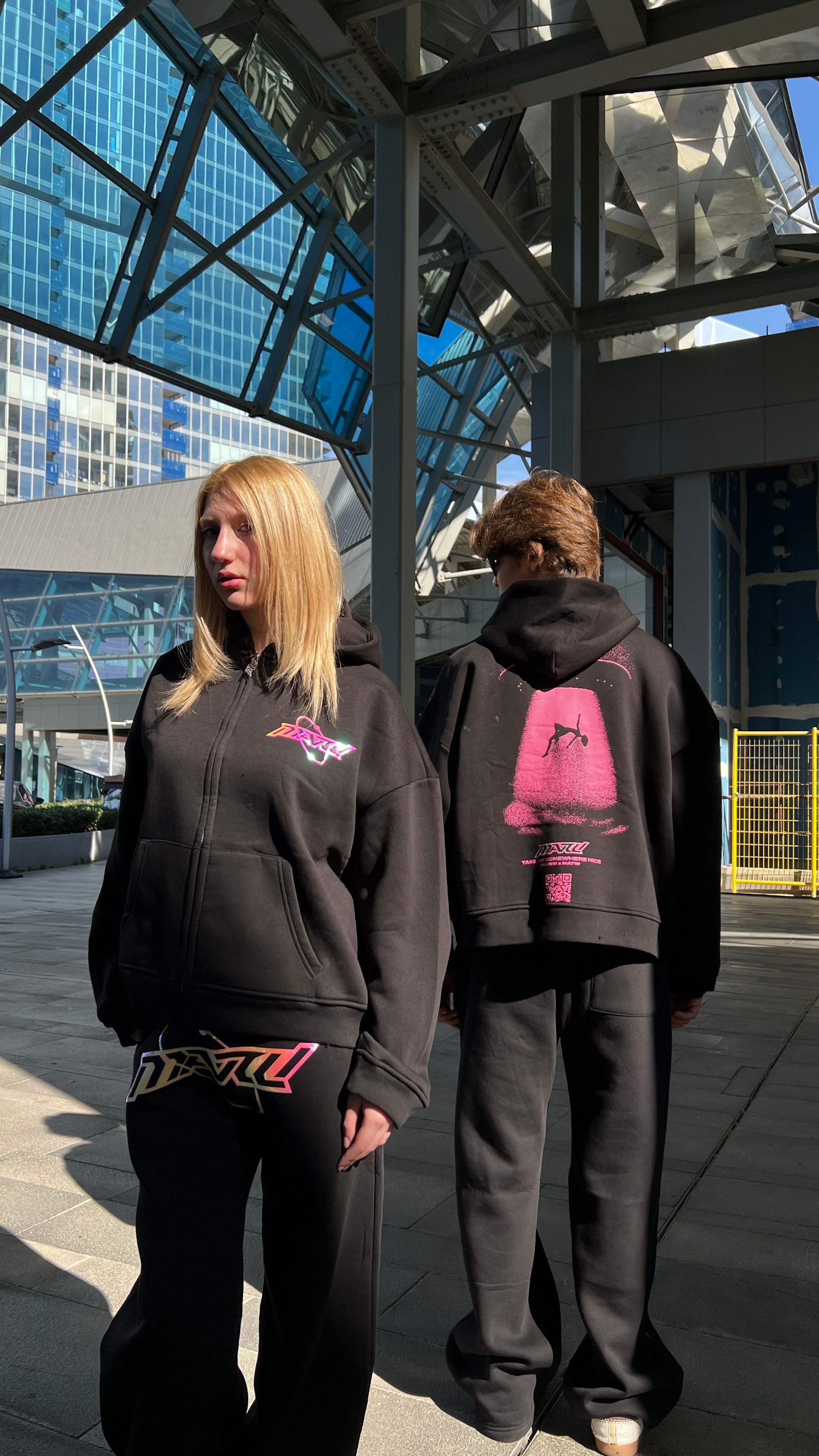 RW Black Hologram Baskı Oversize Zipper Hoodie