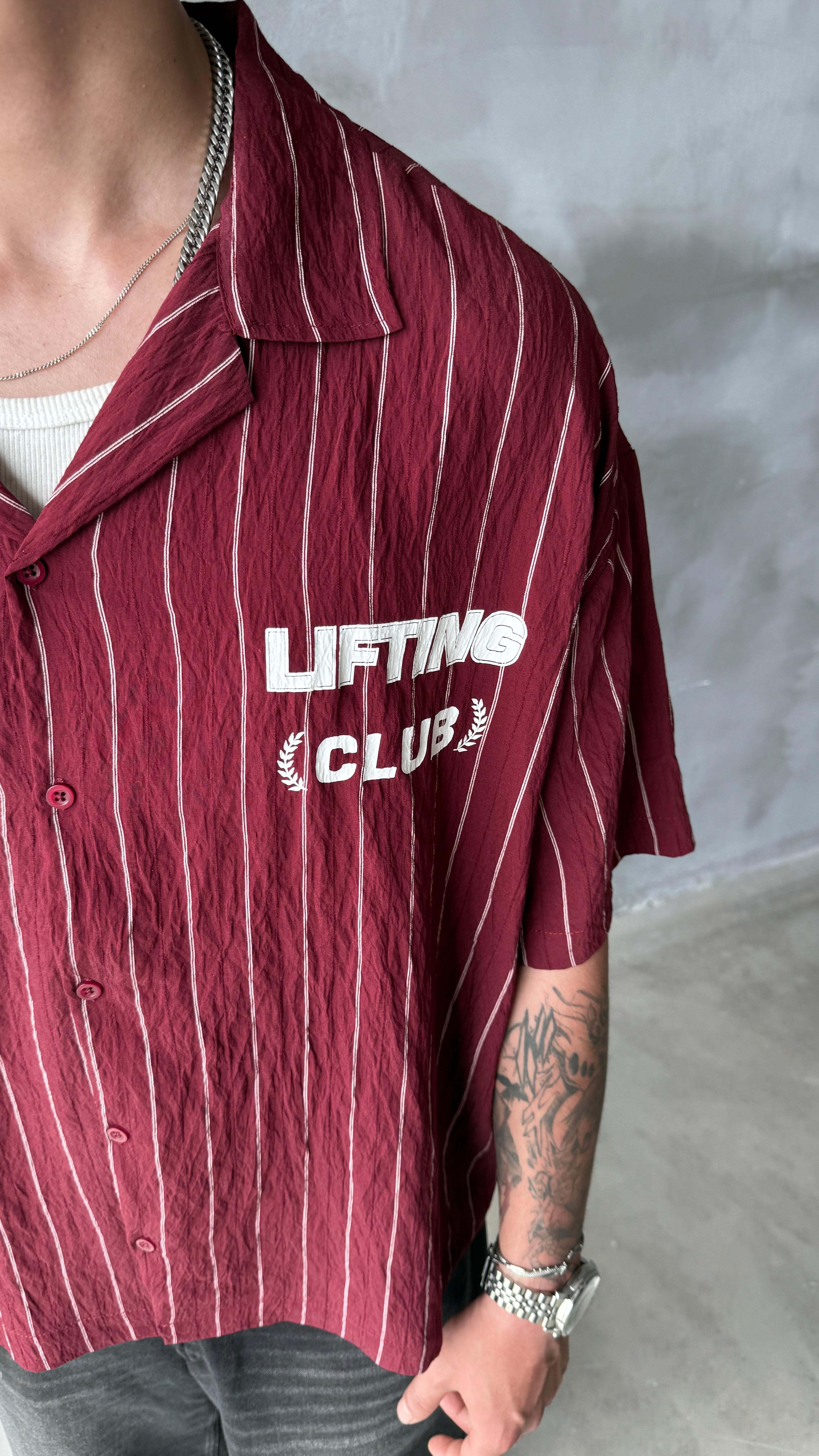 Bordo Lifting Club Çizgili Oversize Keten Gömlek