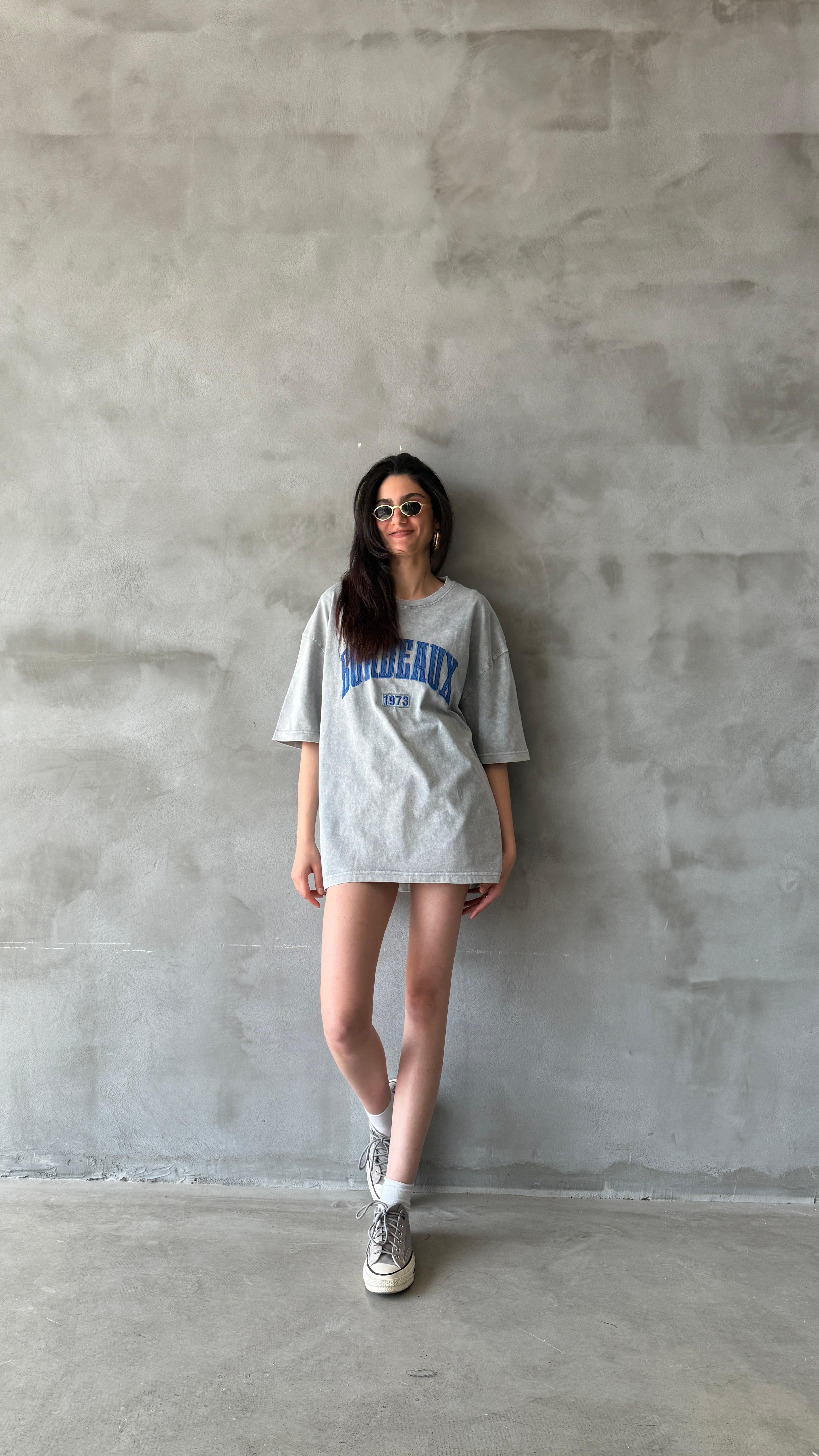 Gri Bordeaux Yıkamalı Oversize Tişört 