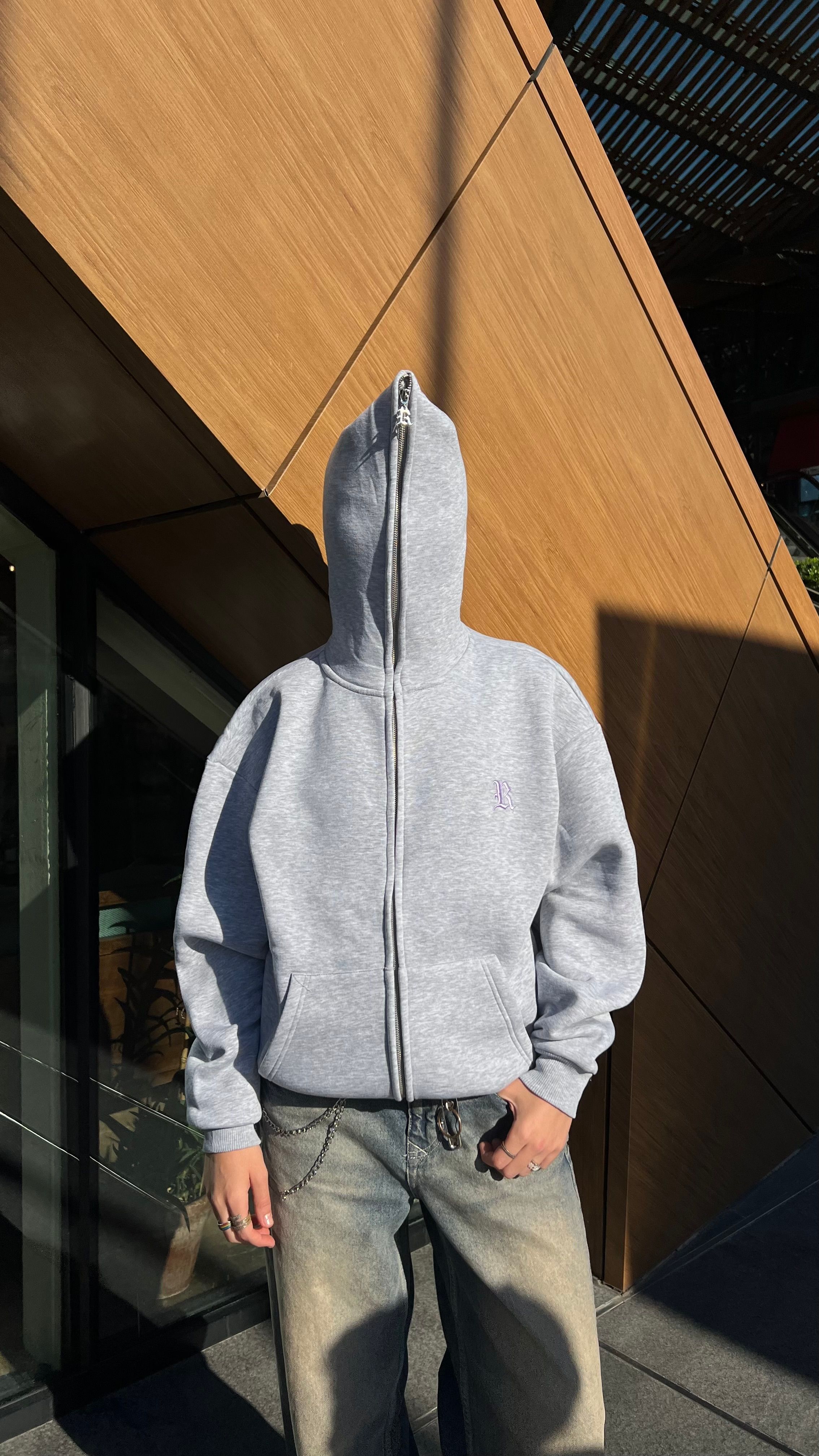 RW Grey 2 Nakış İşlemeli Oversize Full Zipper Hoodie 