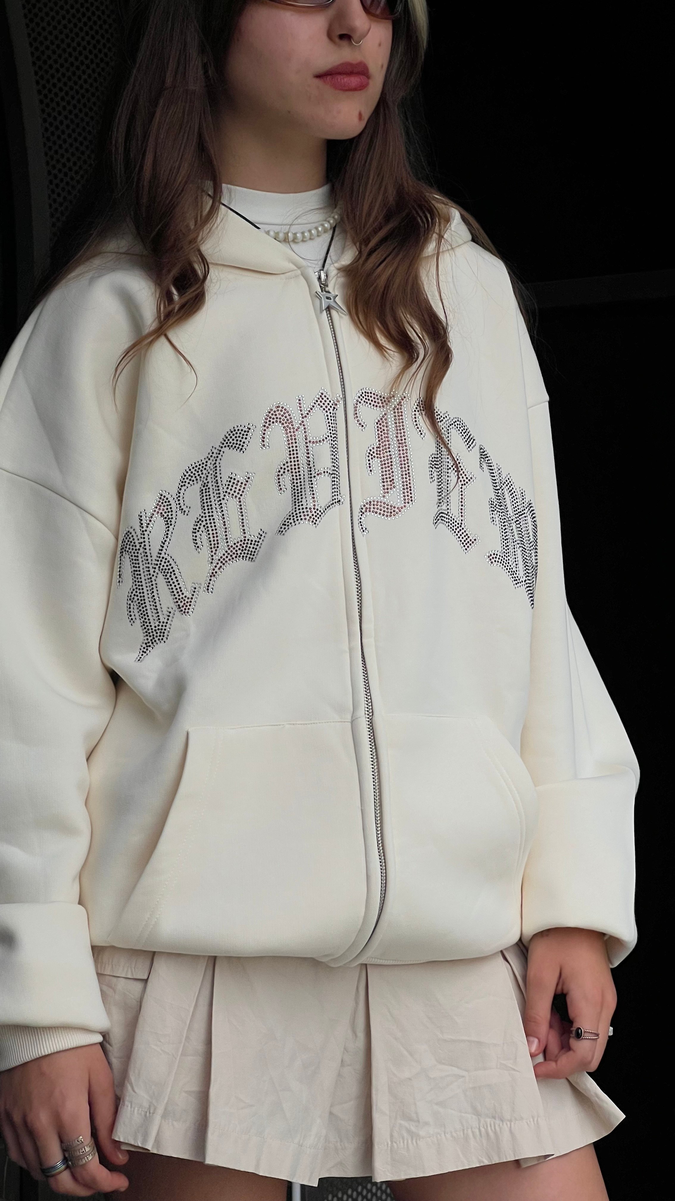 RW Krem Rhinestones Oversize Zipper Hoodie