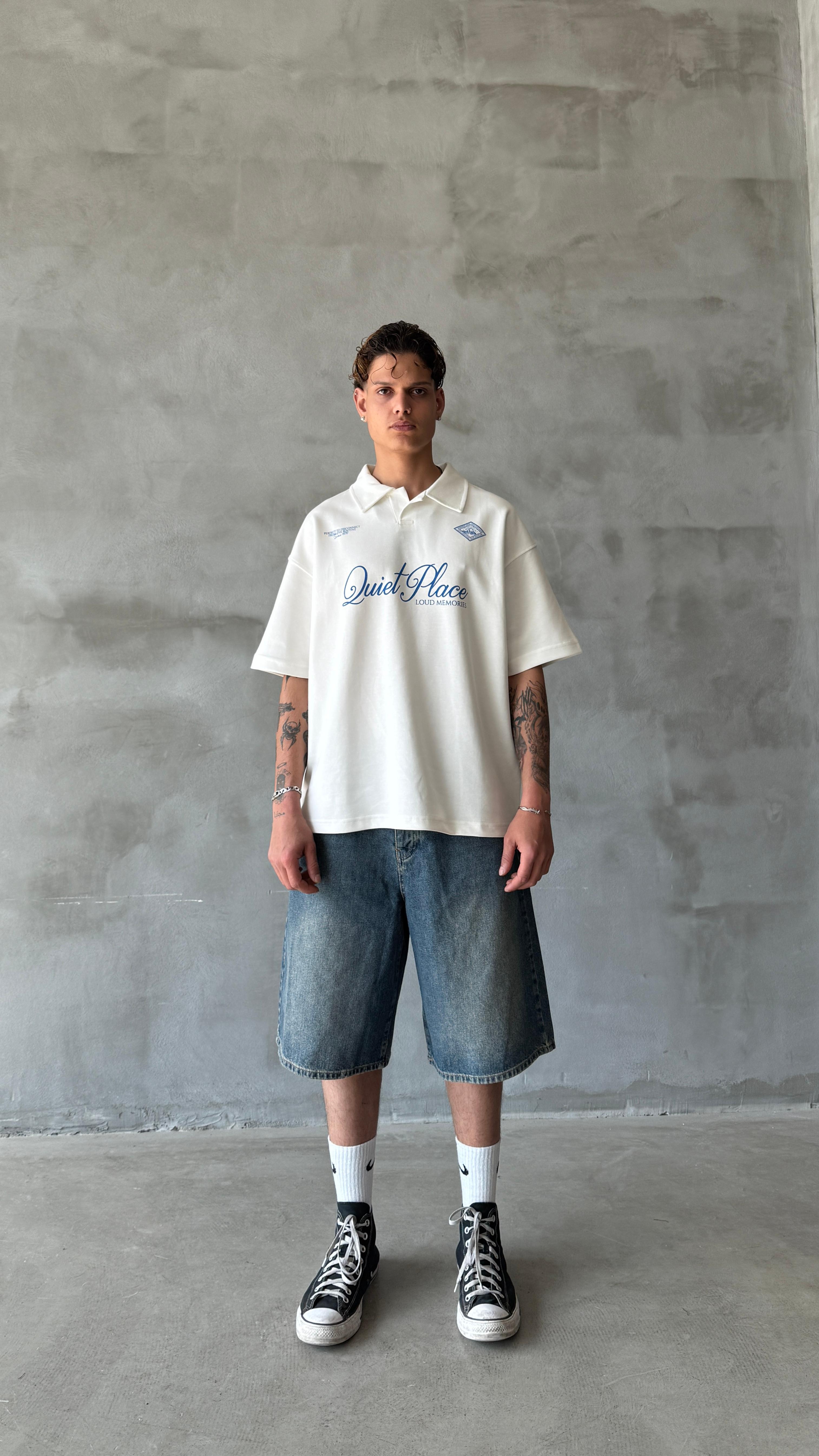 Beyaz Quite Palace Polo Yaka Oversize Tişört 