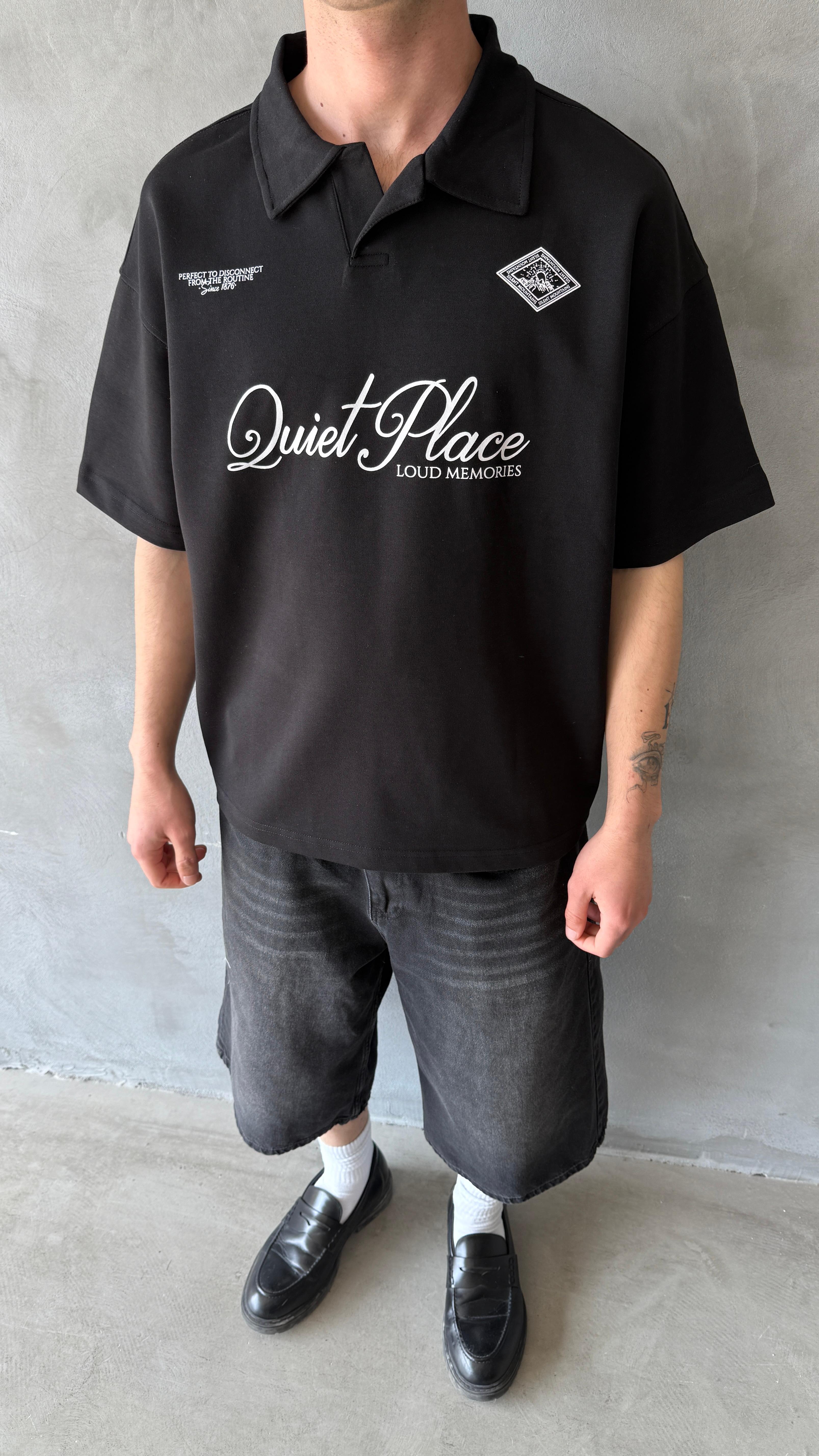 Siyah Quite Palace Polo Yaka Oversize Tişört 