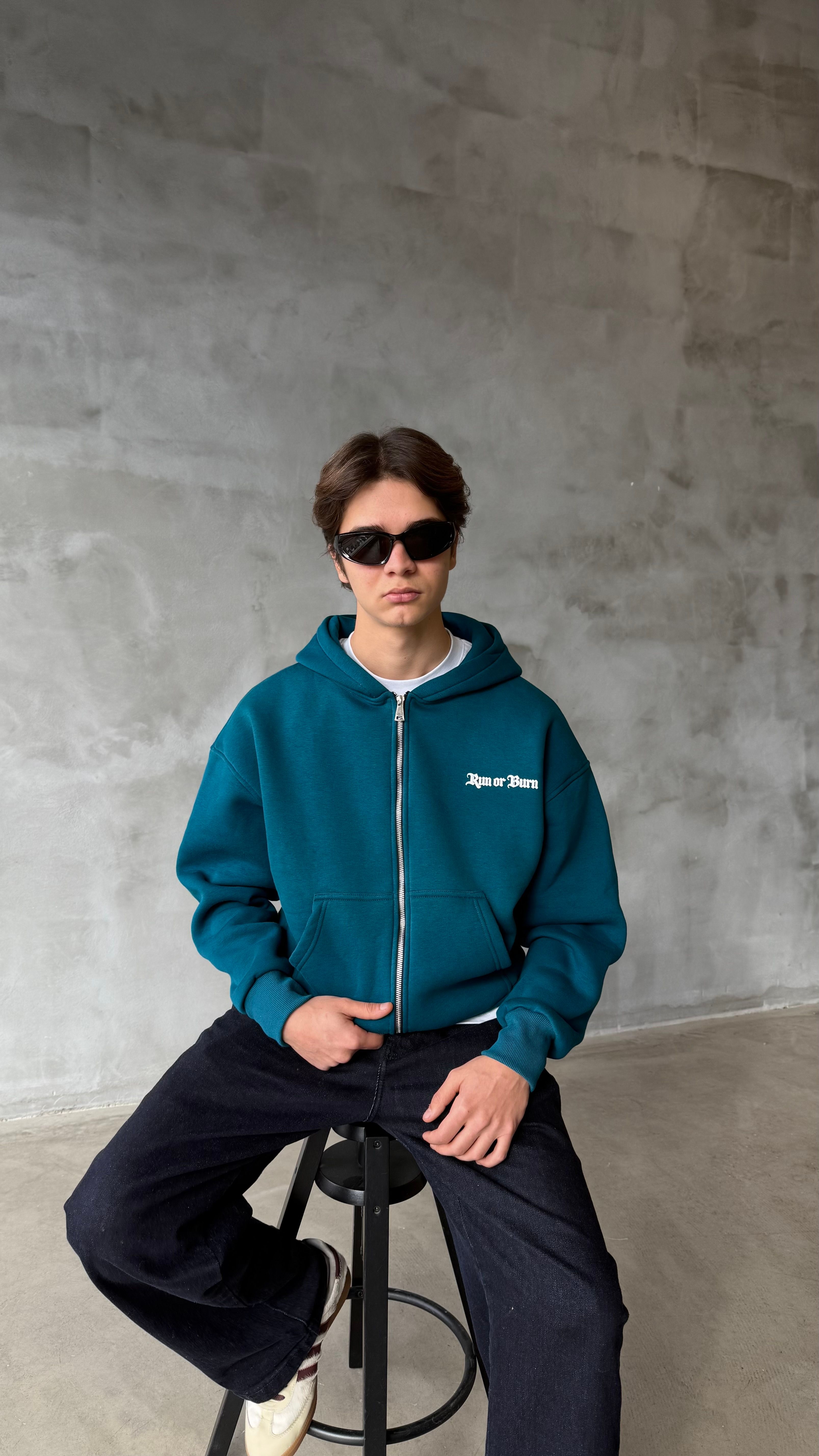 Run Or Burn Petrol Yeşili Oversize Zipper Hoodie