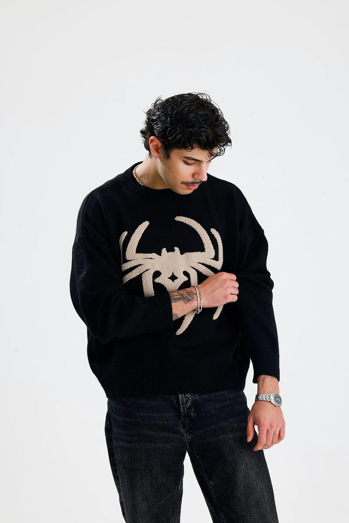 Spider Nakış İşlemeli Premium Oversize Triko Kazak