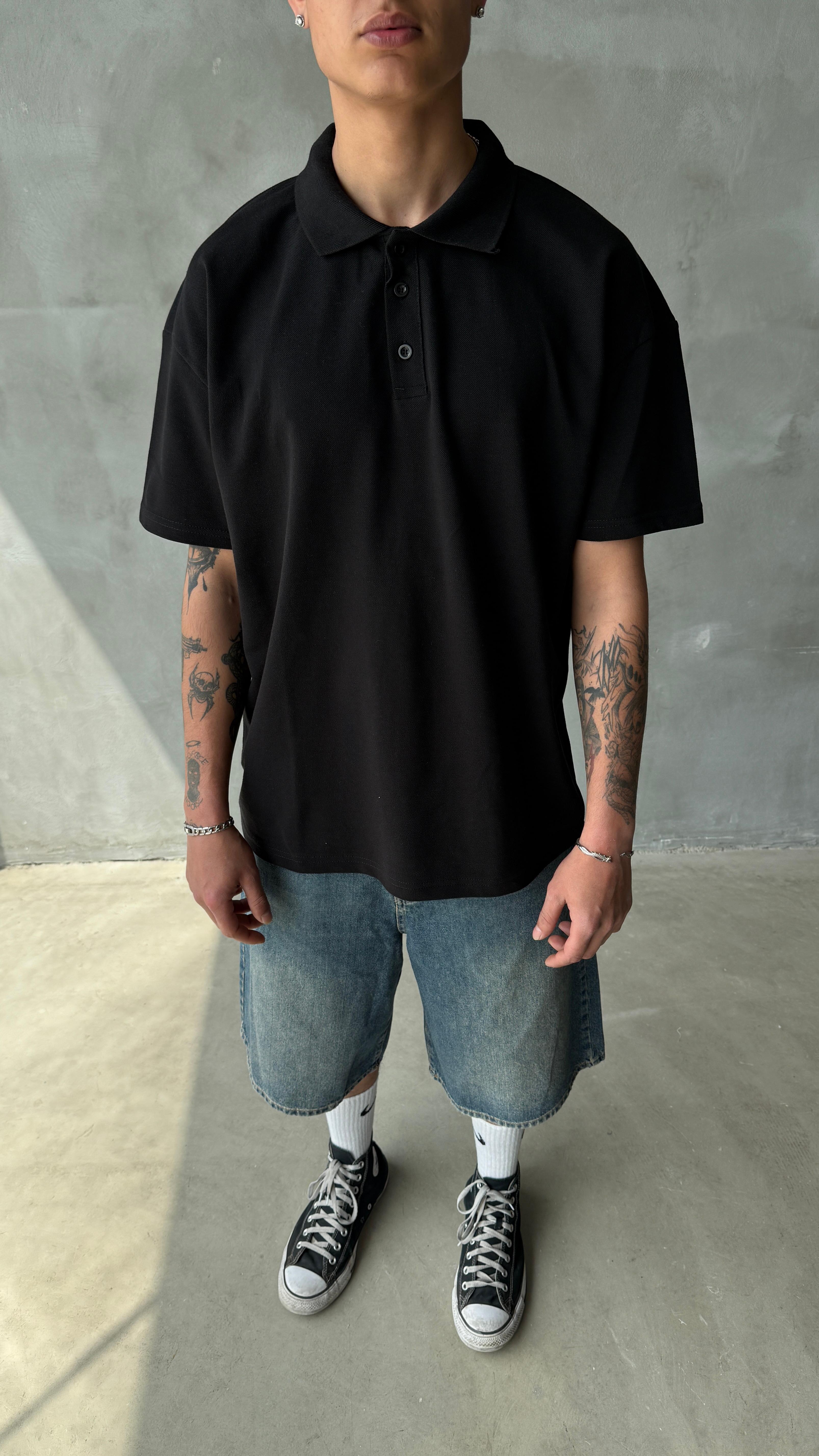 Siyah Polo Yaka Oversize Comfort Fit Tişört 