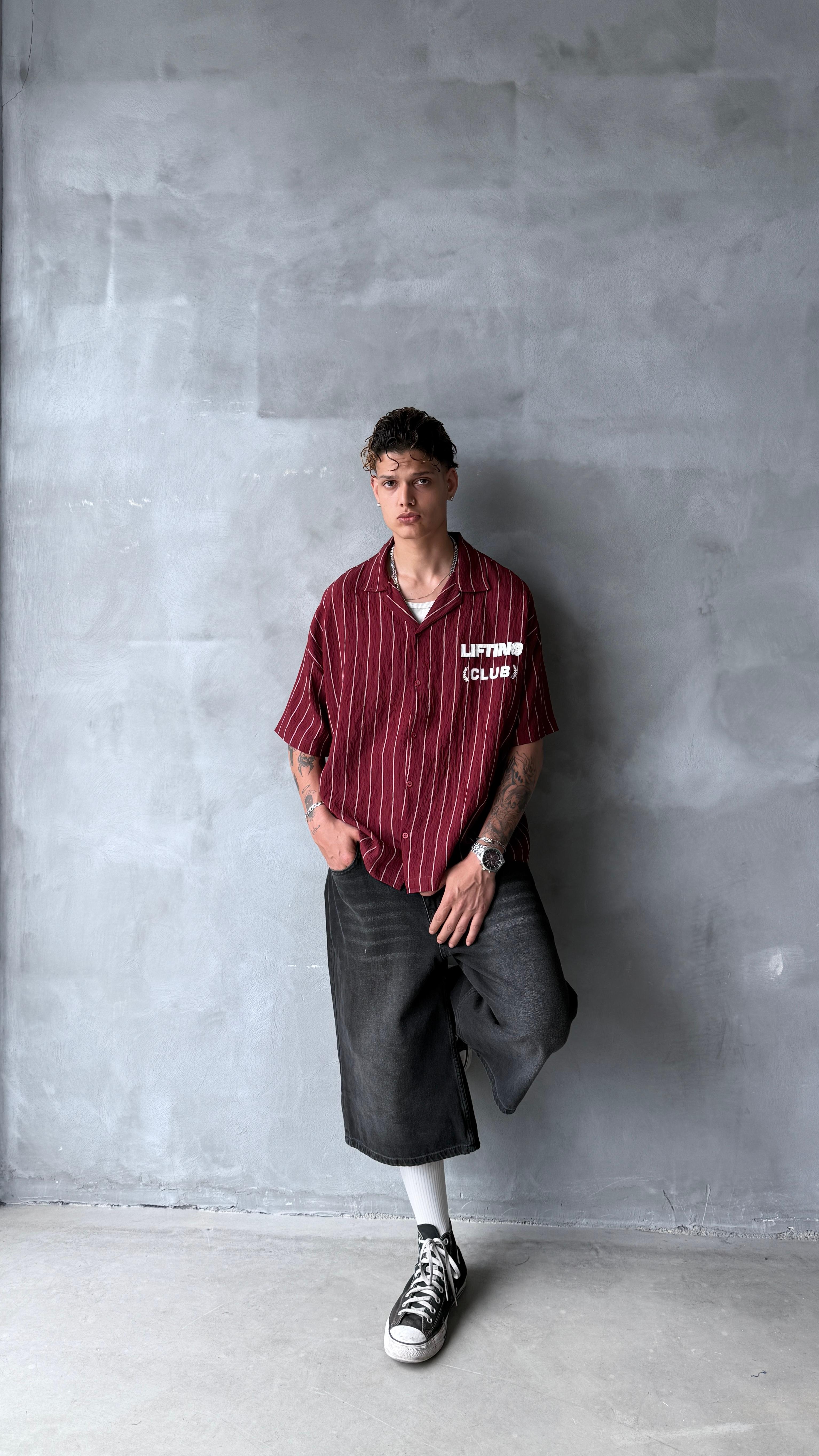 Bordo Lifting Club Çizgili Oversize Keten Gömlek