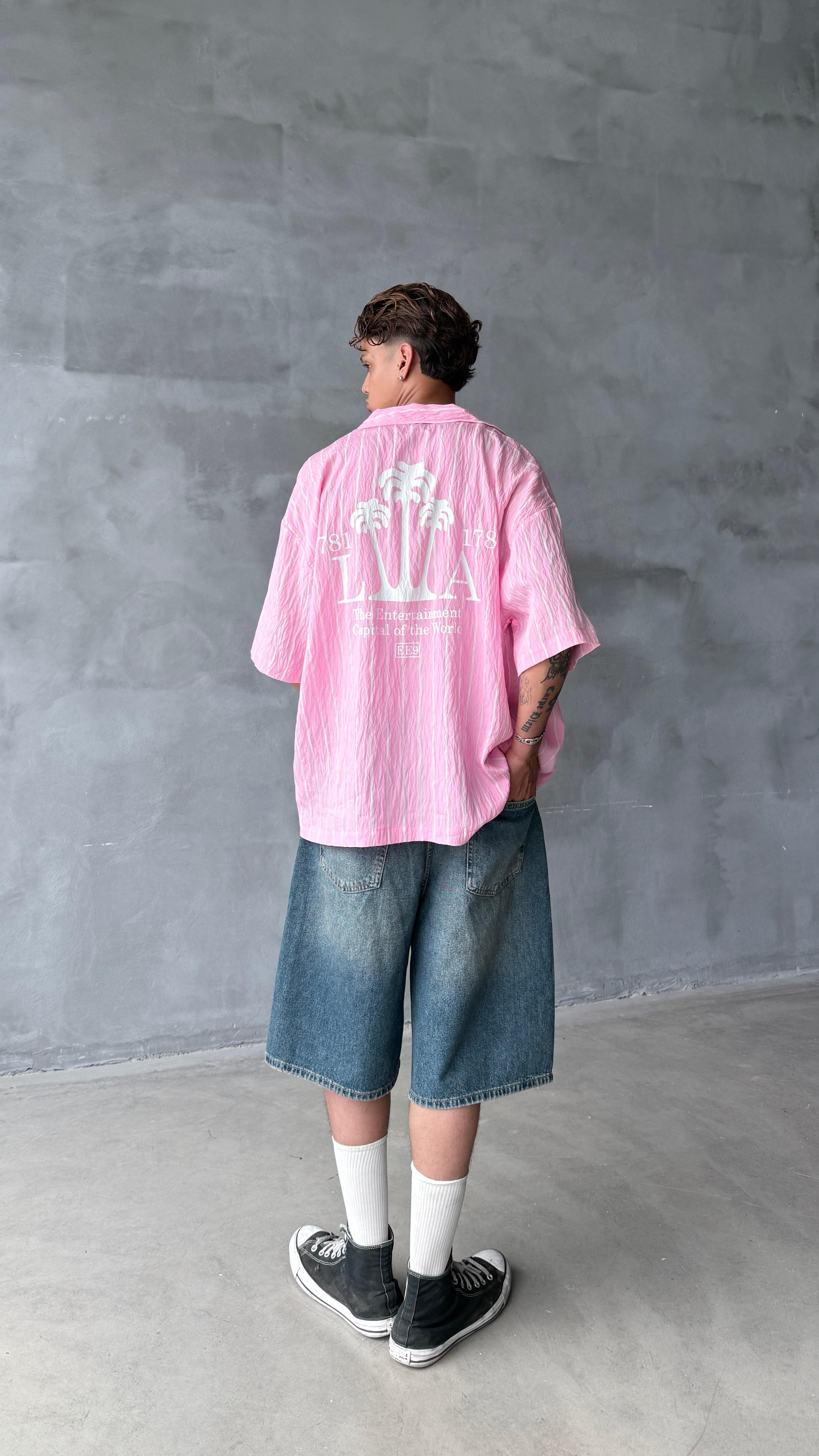 Pembe LA Çizgili Oversize Keten Gömlek