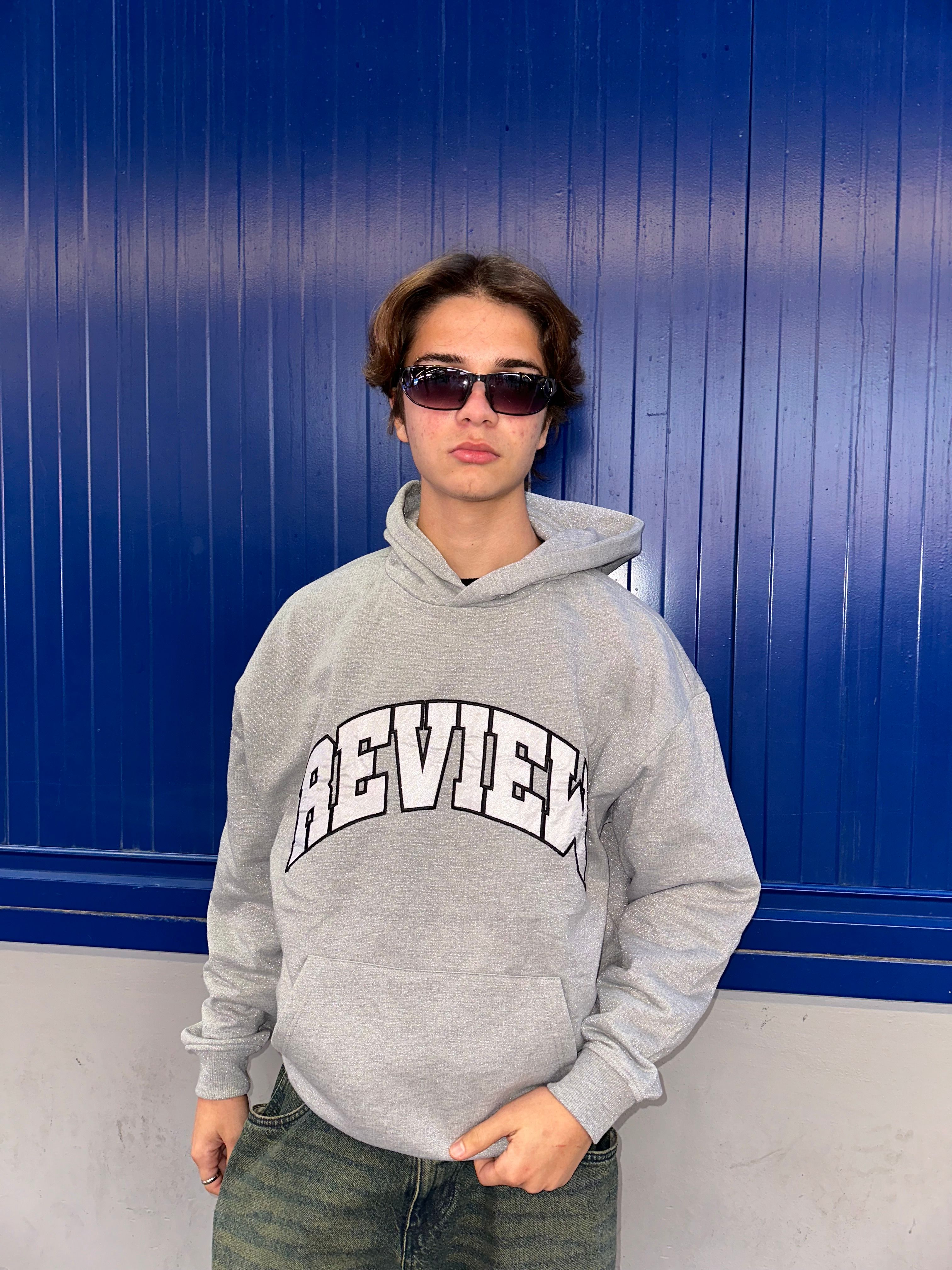 RW Grey Simli Nakış İşlemeli Oversize Hoodie