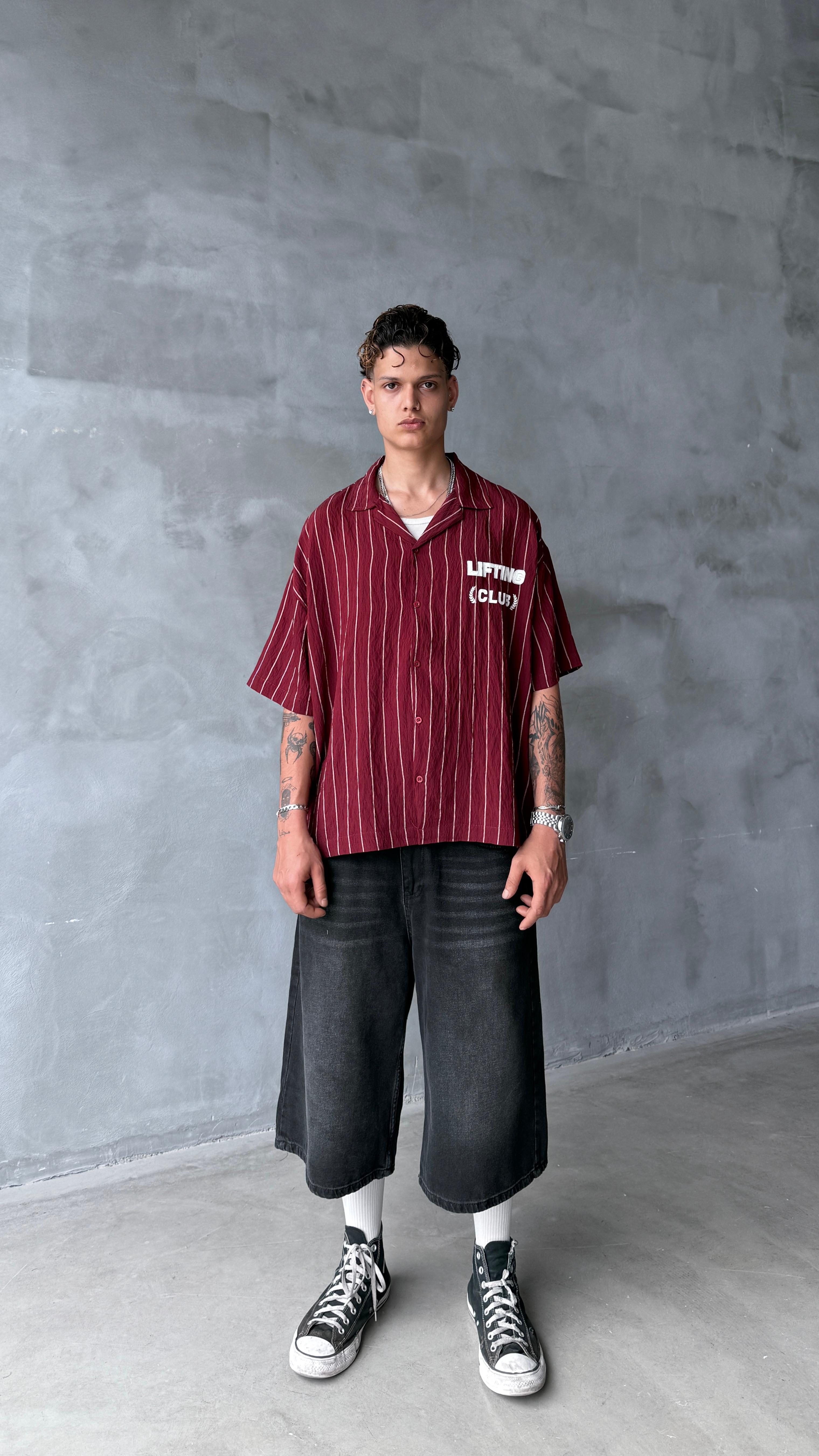 Bordo Lifting Club Çizgili Oversize Keten Gömlek