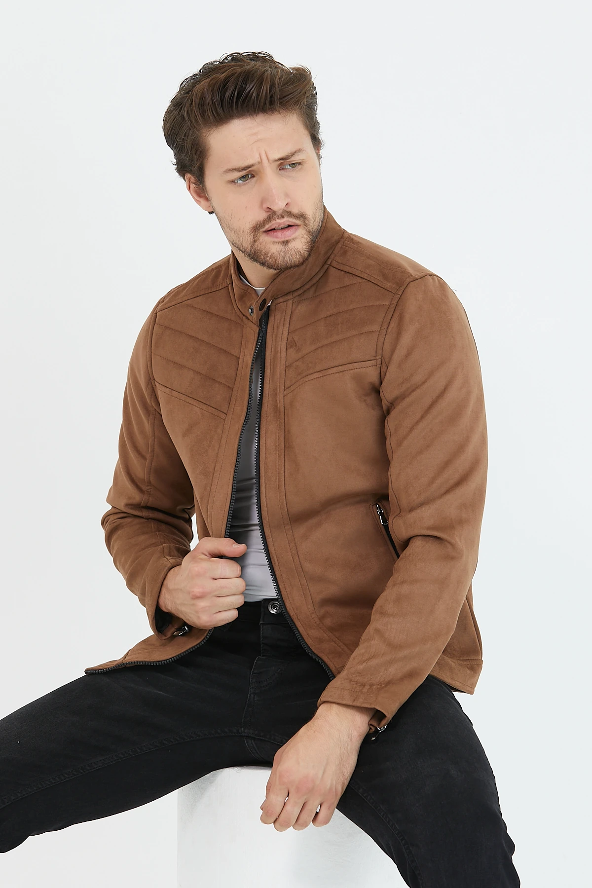 Erkek Yeni Sezon Dar Kesim Süet Ceket & Mont - KahveRengi