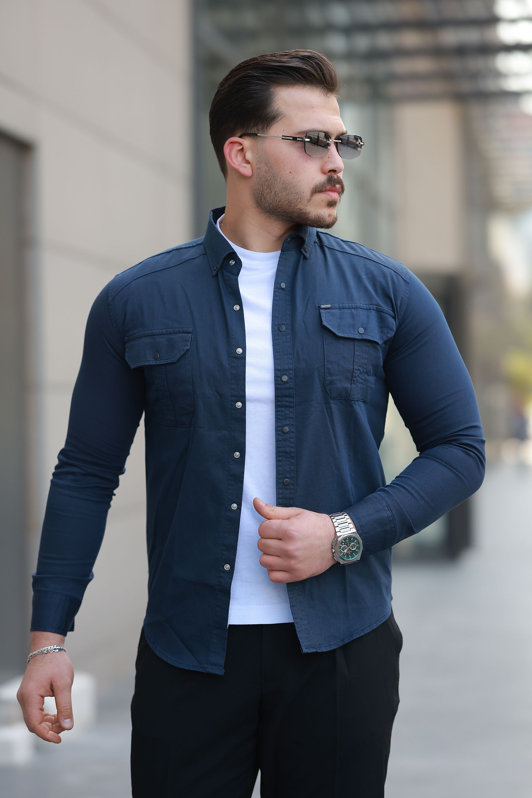 Mero Life Erkek Slim Fit Dar Kesim Kot Gömlek - LACİVERT