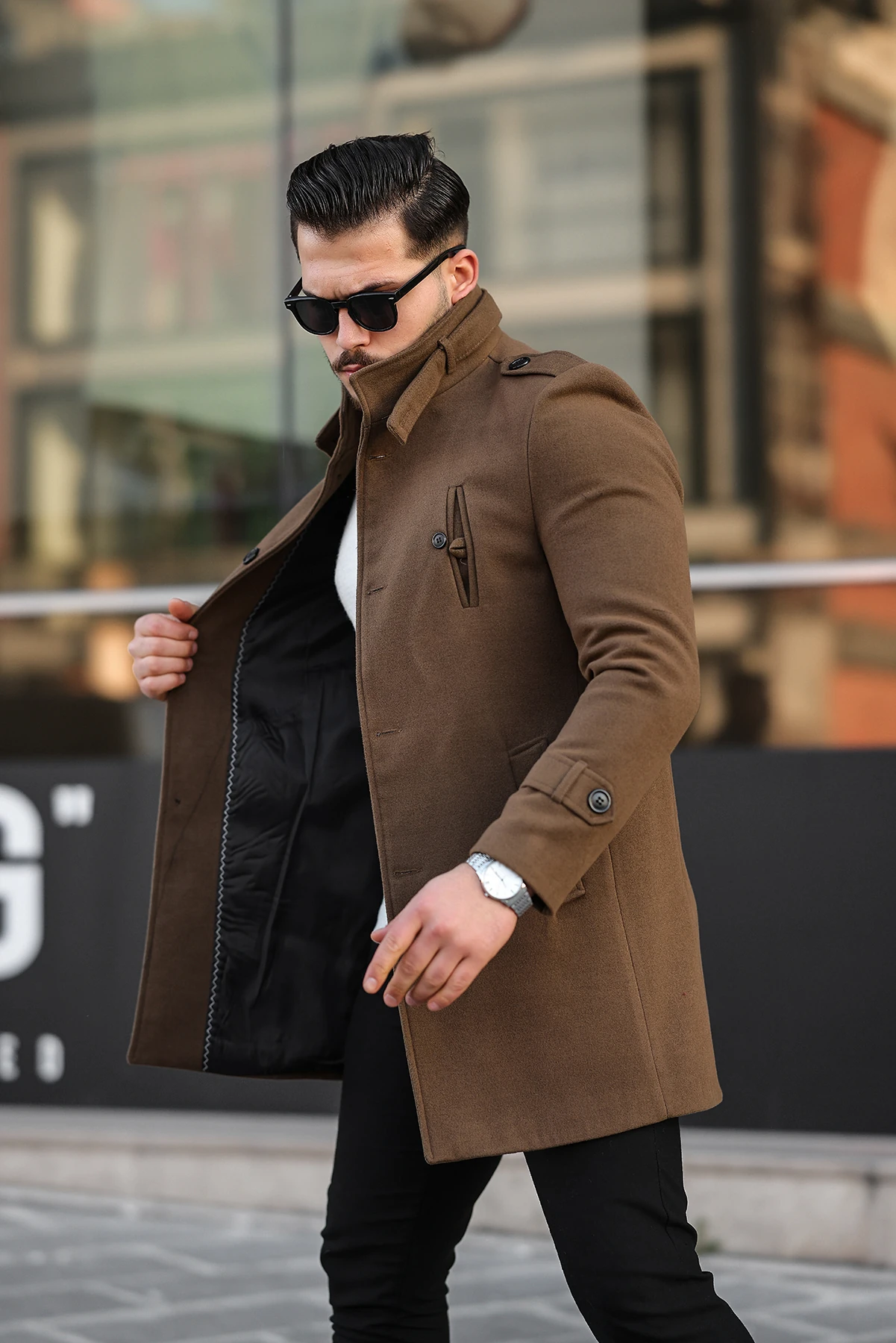 Erkek Dar Kesim Dik Yaka Uzun Yün Karışımlı Kaşe Kaban - Taba