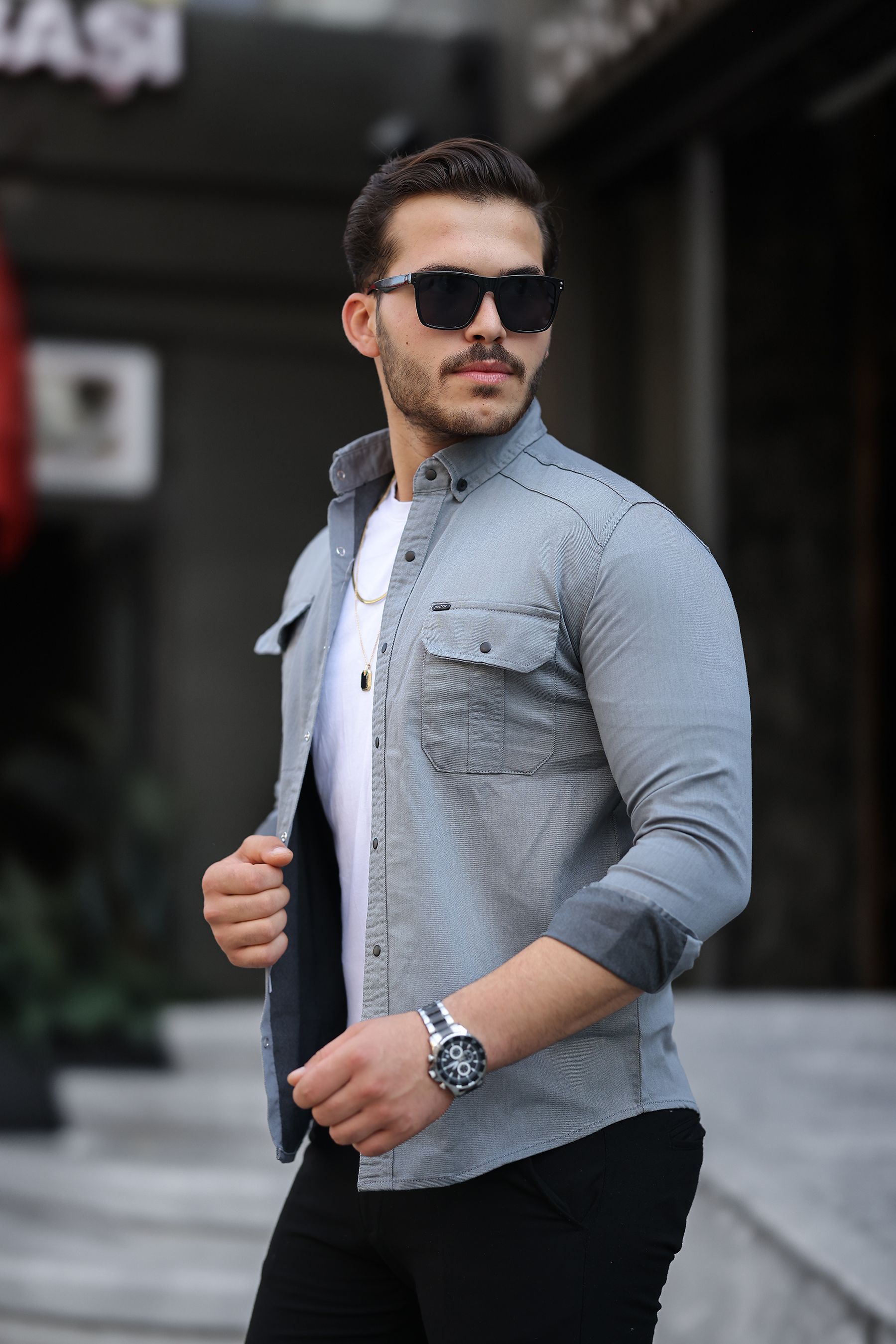 Mero Life Erkek Slim Fit Dar Kesim Kot Gömlek - GRİ