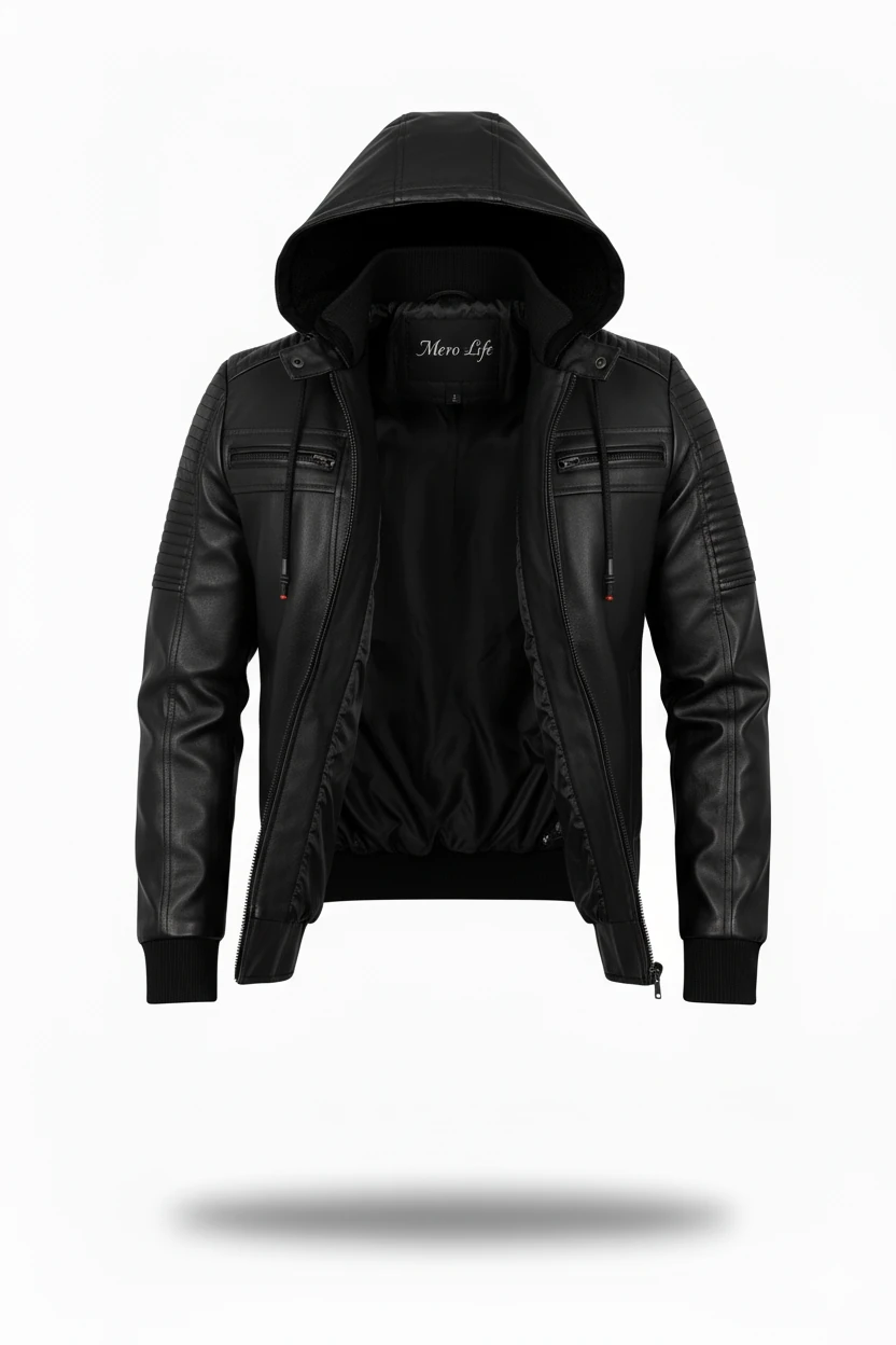 Mero Life Erkek Siyah Dar Kesim Kapüşonlu Bel Lastikli Ribanalı Deri Ceket & Mont - Siyah