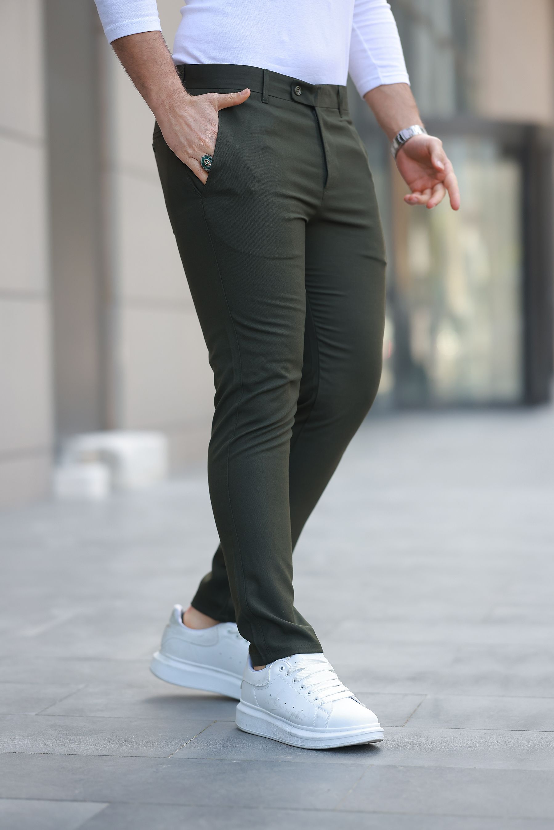 Erkek İtalyan Kesim Slim Fit Kaliteli Esnek Likralı Bilek Boy Kumaş Pantolon - Koyu Haki