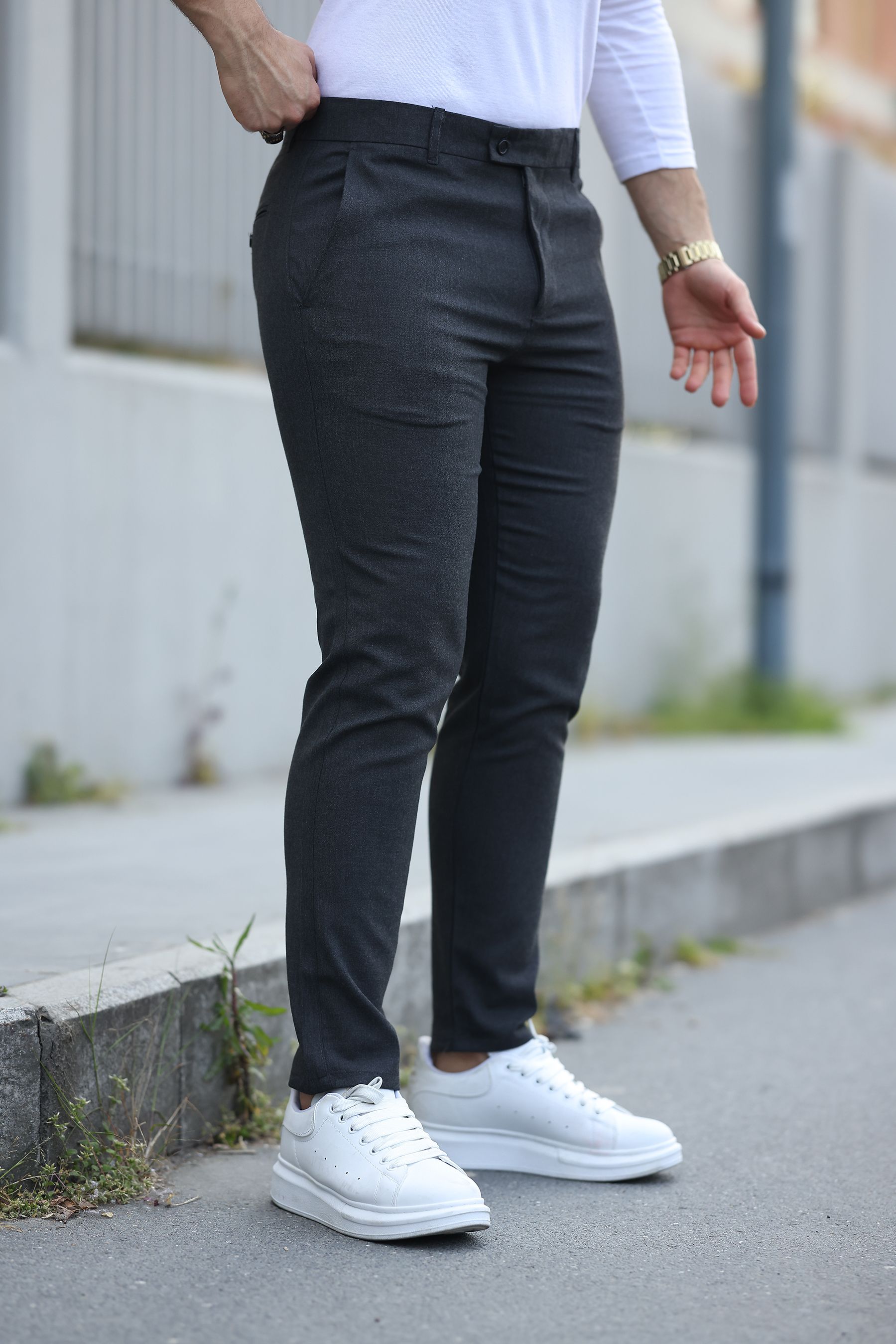 Erkek İtalyan Kesim Slim Fit Kaliteli Esnek Likralı Bilek Boy Kumaş Pantolon - Antrasit