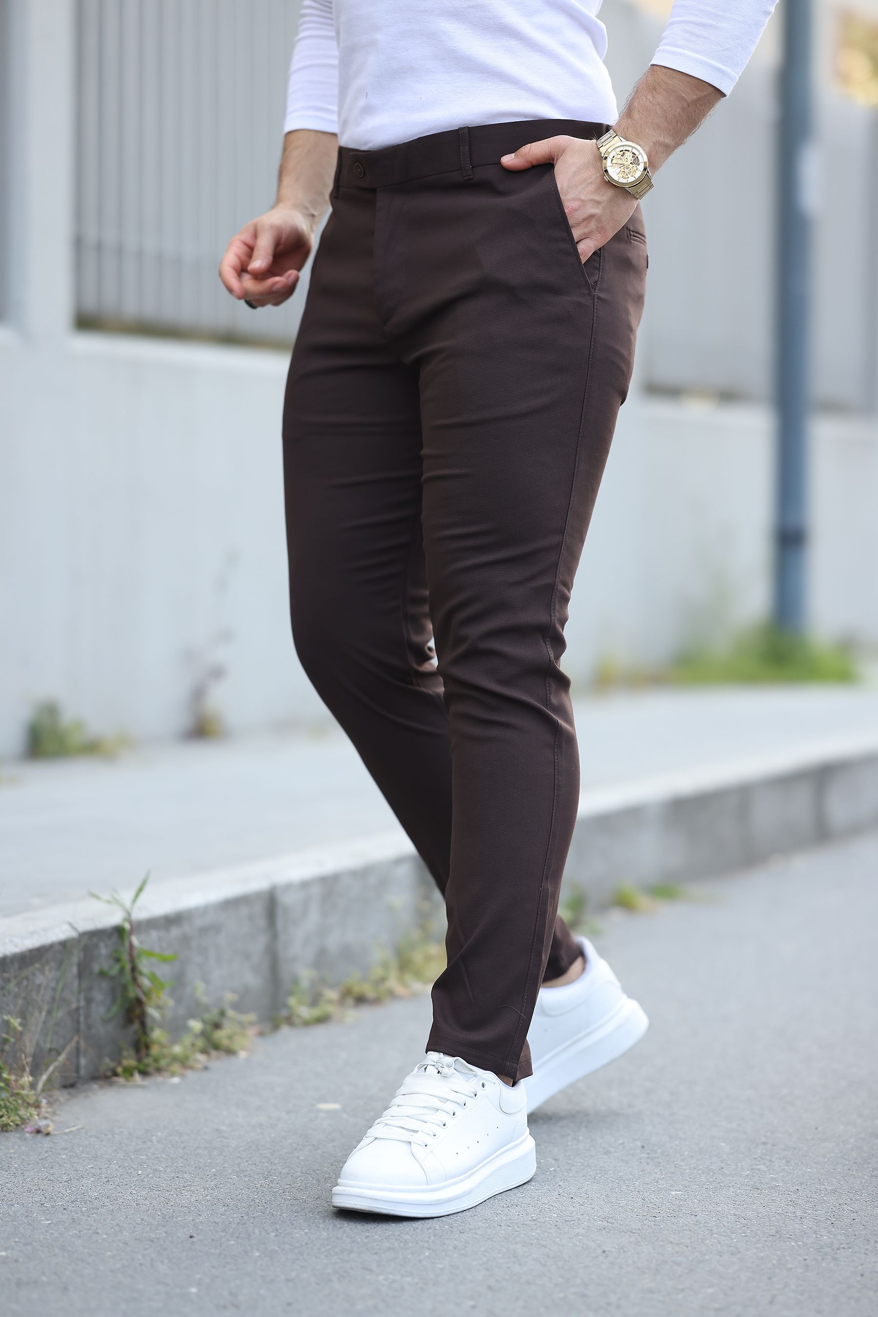 Erkek İtalyan Kesim Slim Fit Kaliteli Esnek Likralı Bilek Boy Kumaş Pantolon - KAHVERENGİ