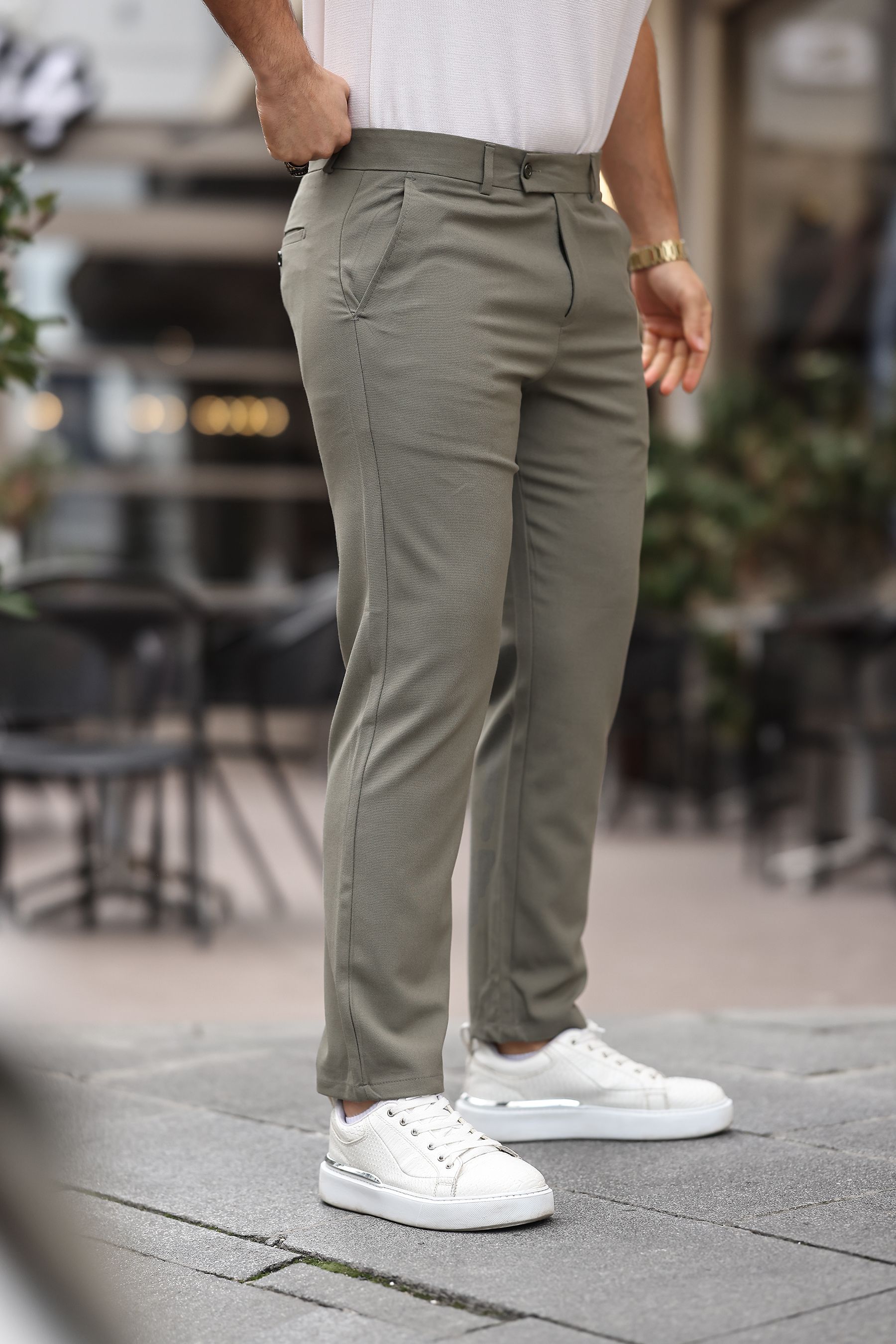 Erkek İtalyan Kesim Slim Fit Kaliteli Esnek Likralı Bilek Boy Kumaş Pantolon - Haki