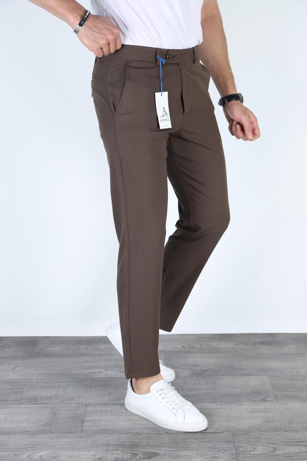 Erkek İtalyan Kesim Slim Fit Kaliteli Esnek Likralı Bilek Boy Kumaş Pantolon - KOYU KAHVERENGİ
