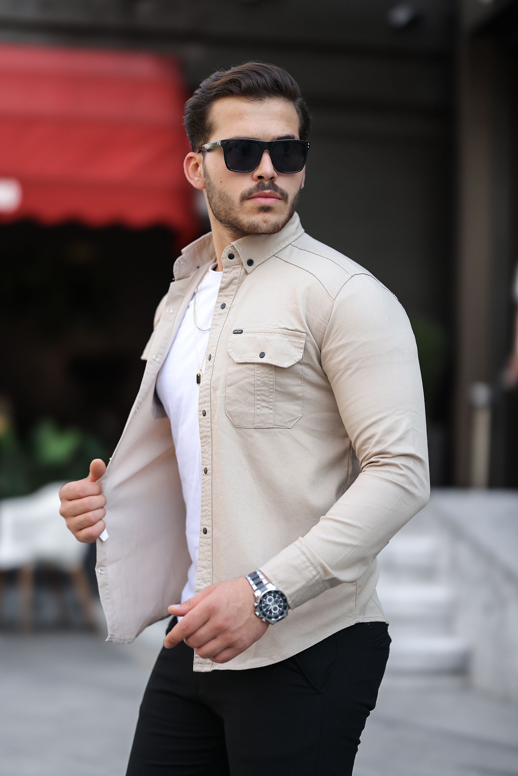 Mero Life Erkek Slim Fit Dar Kesim Kot Gömlek - Krem