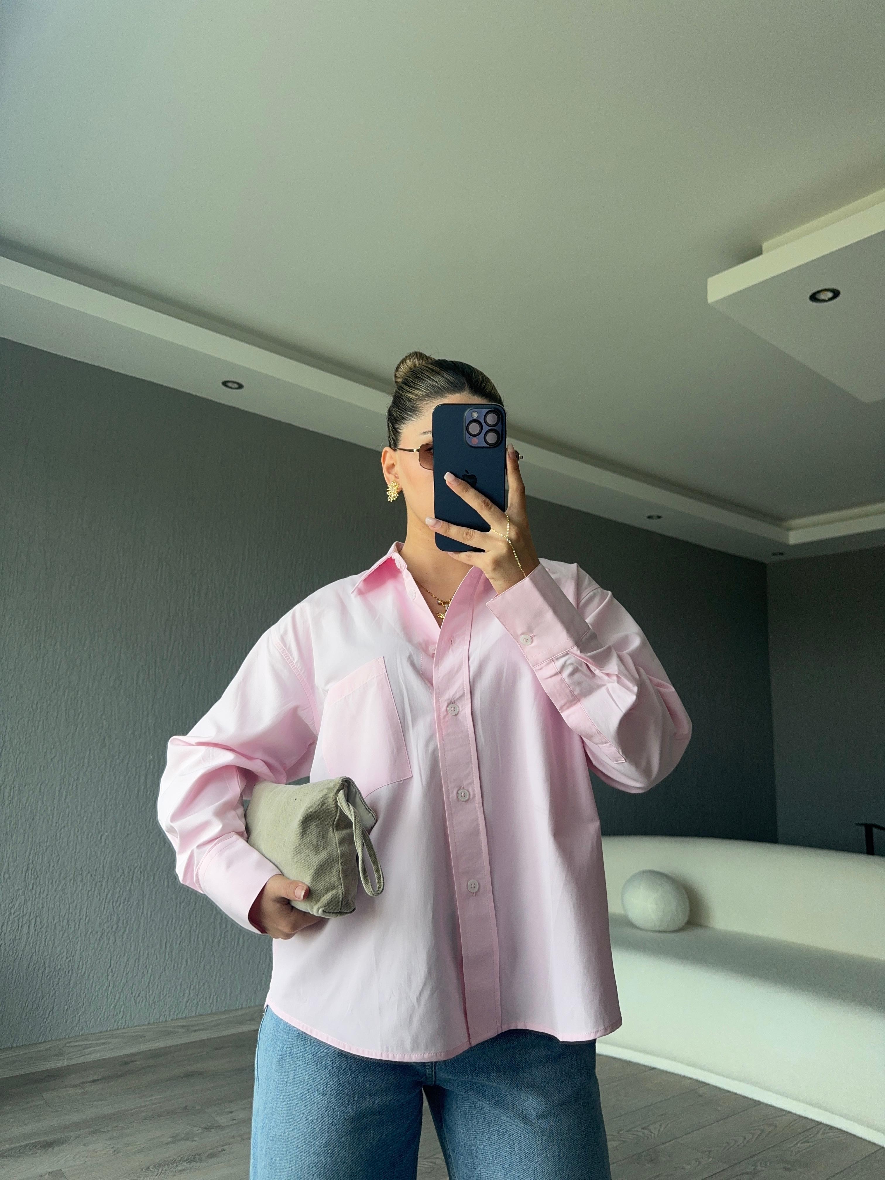 PEMBE OVERSİZE POPLİN GÖMLEK 