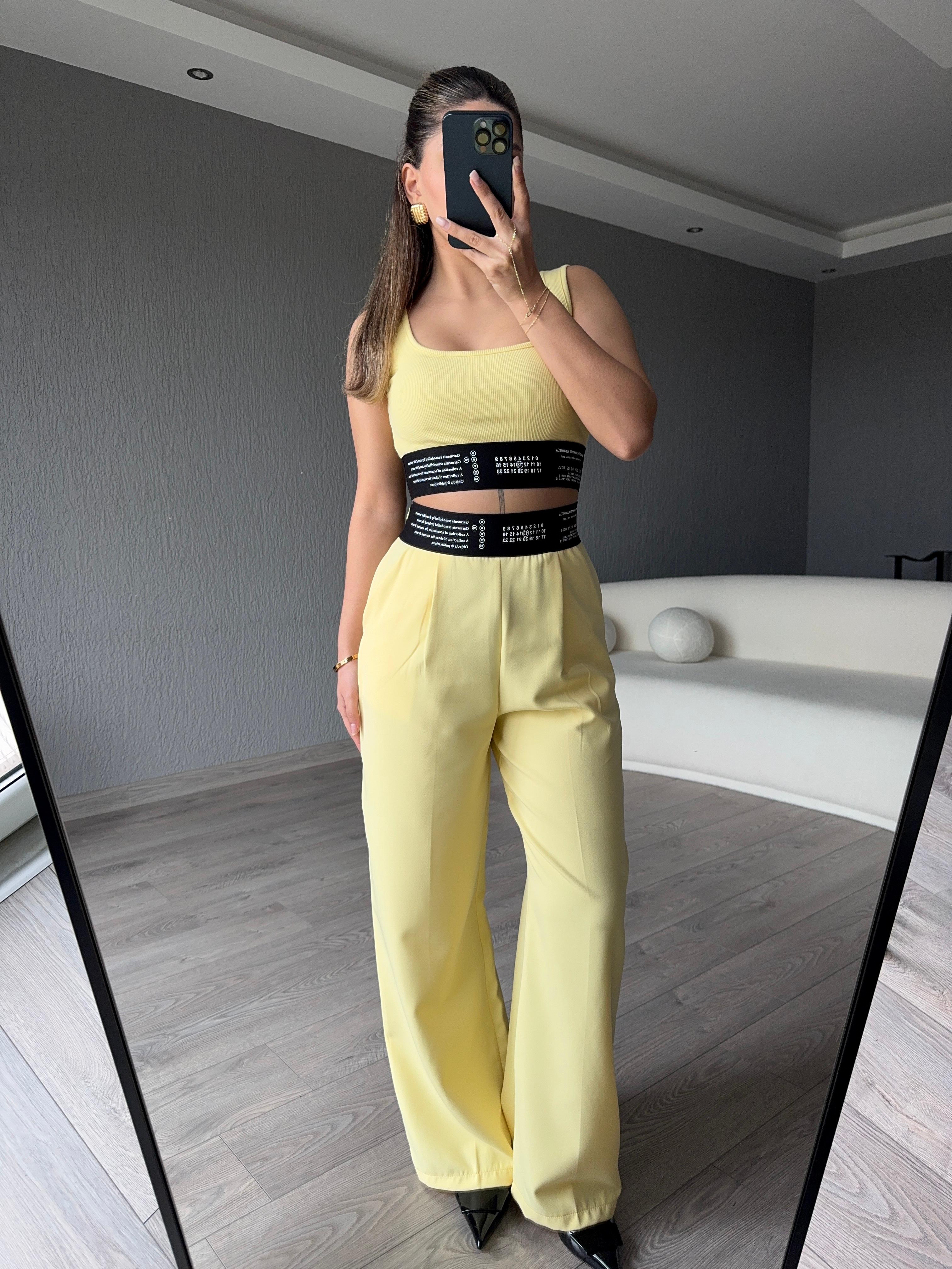 YÜKSEL BEL PANTOLON CROP TAKIM - SARI