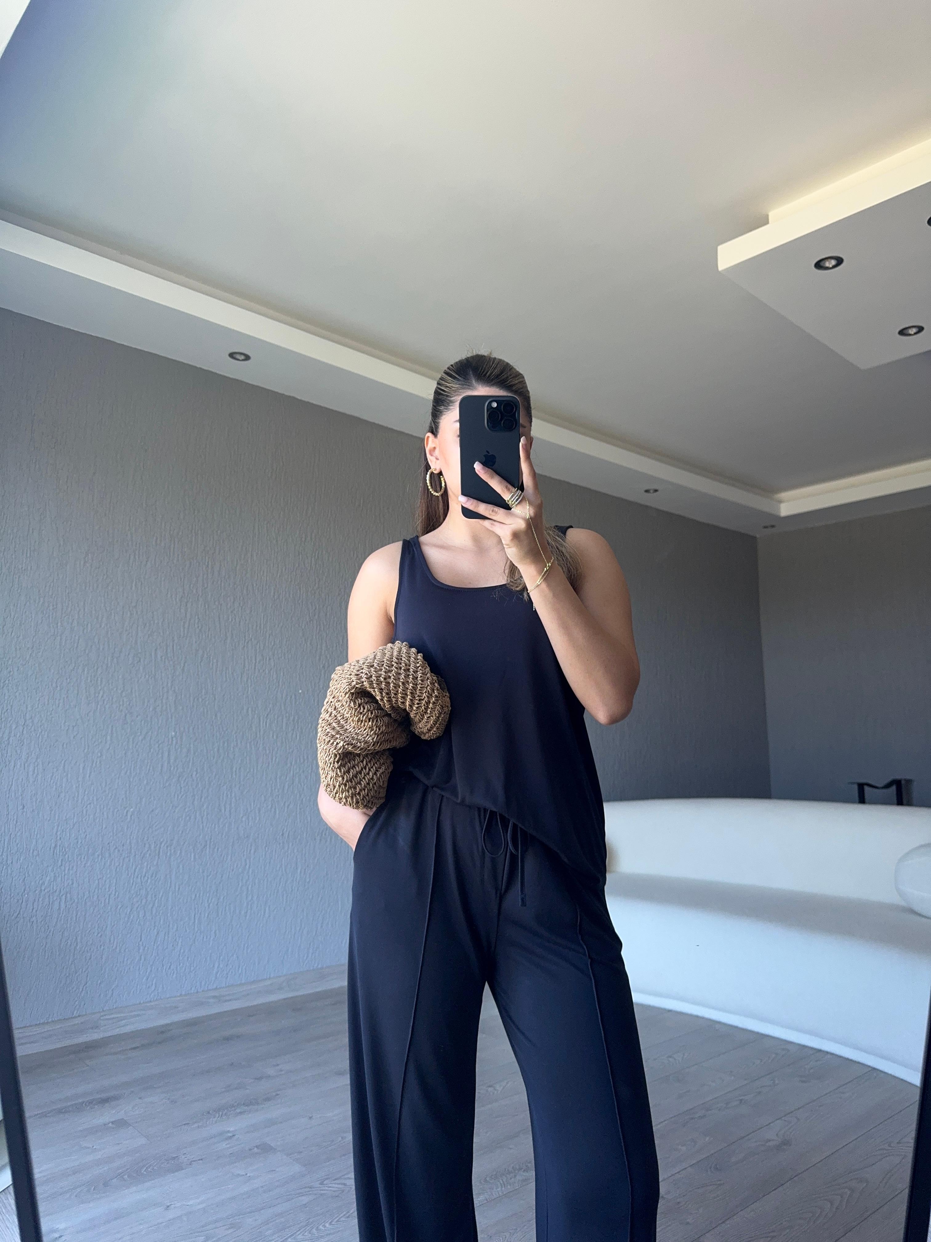 LACİVERT BASİC ASKILI BLUZ PANTOLON TAKIM