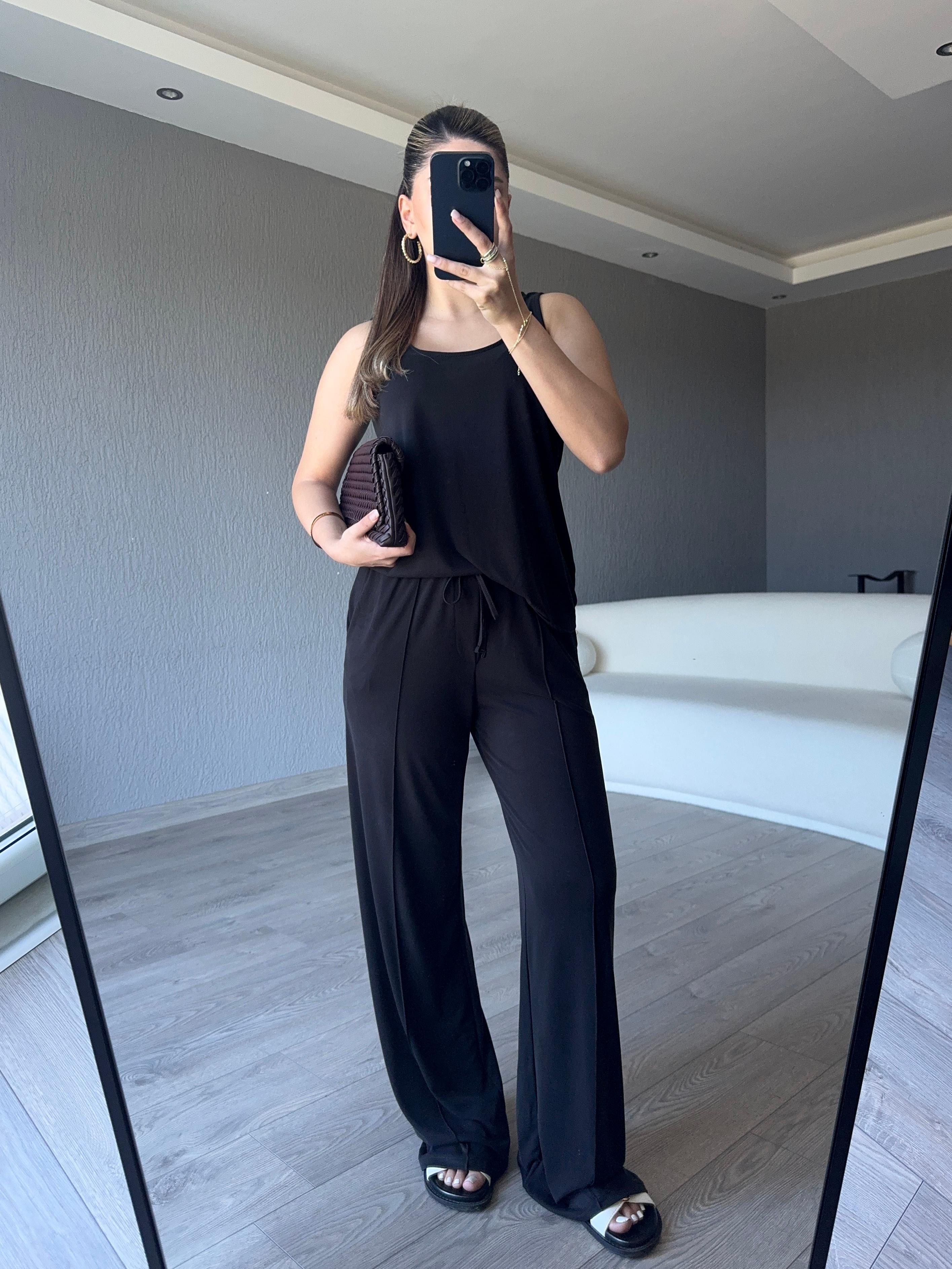 SİYAH BASİC ASKILI BLUZ PANTOLON TAKIM 