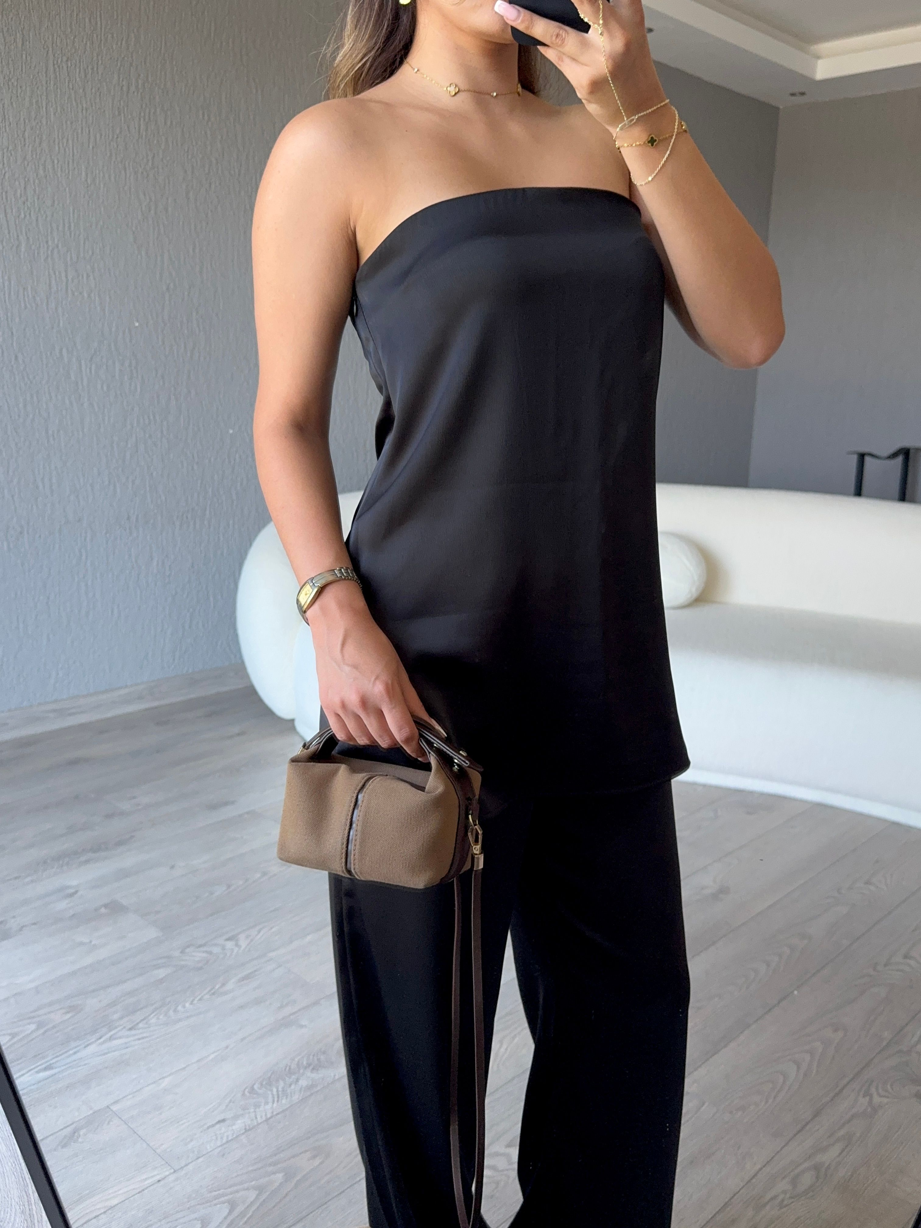 SATEN STRAPLEZ BLUZ PANTOLON TAKIM