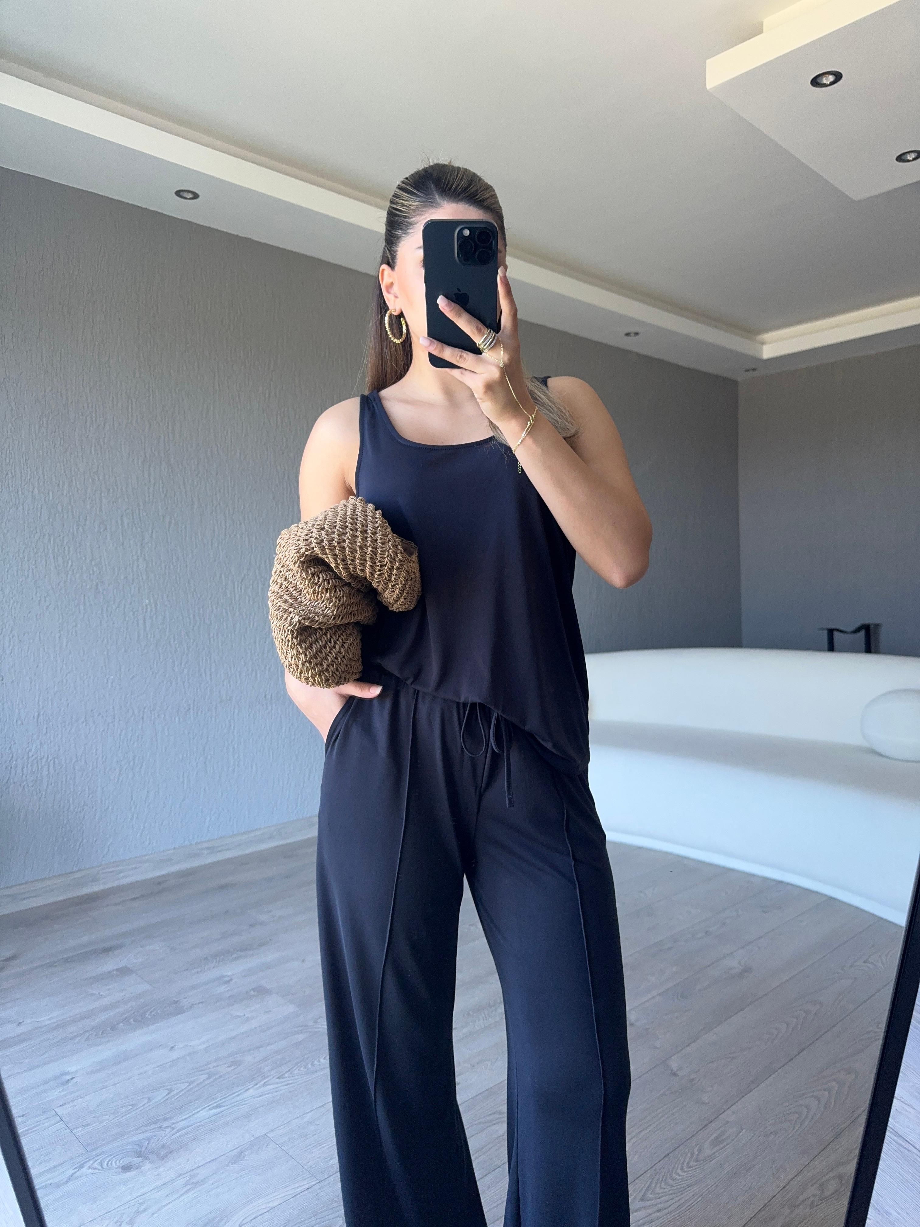 LACİVERT BASİC ASKILI BLUZ PANTOLON TAKIM