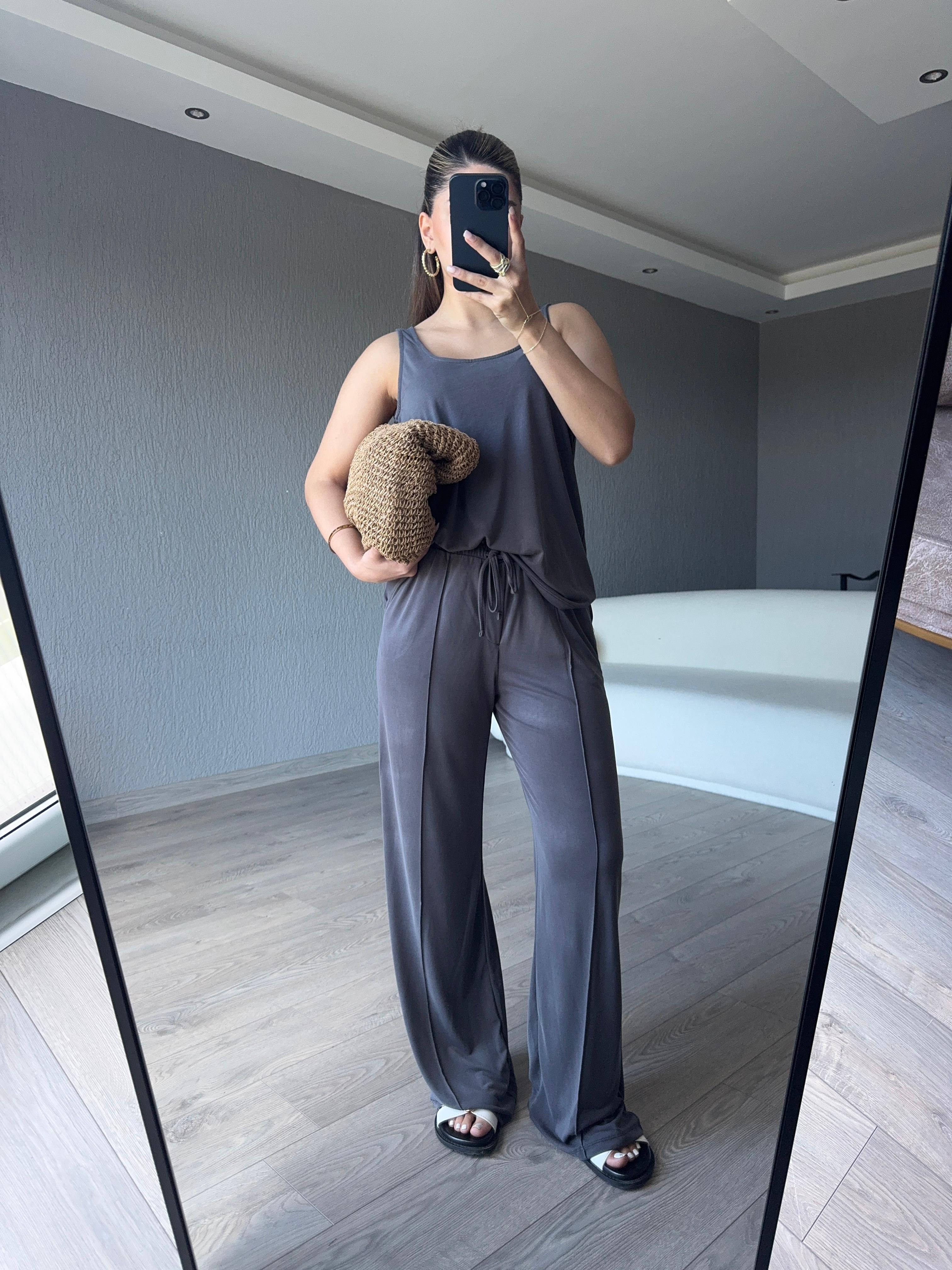 GRİ BASİC ASKILI BLUZ PANTOLON TAKIM 
