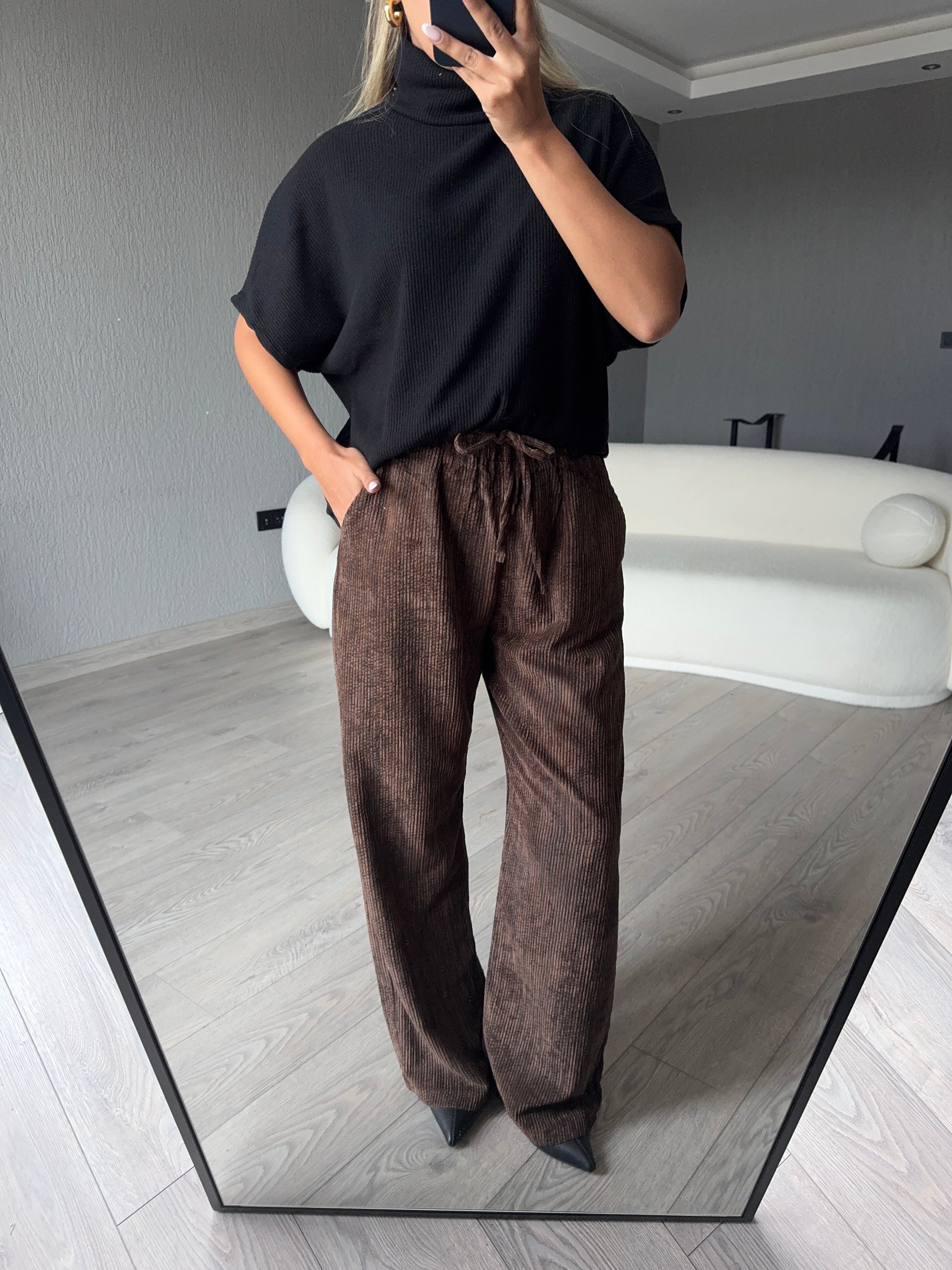 BELİ LASTİKLİ KADİFE PANTOLON  - Acı Kahve