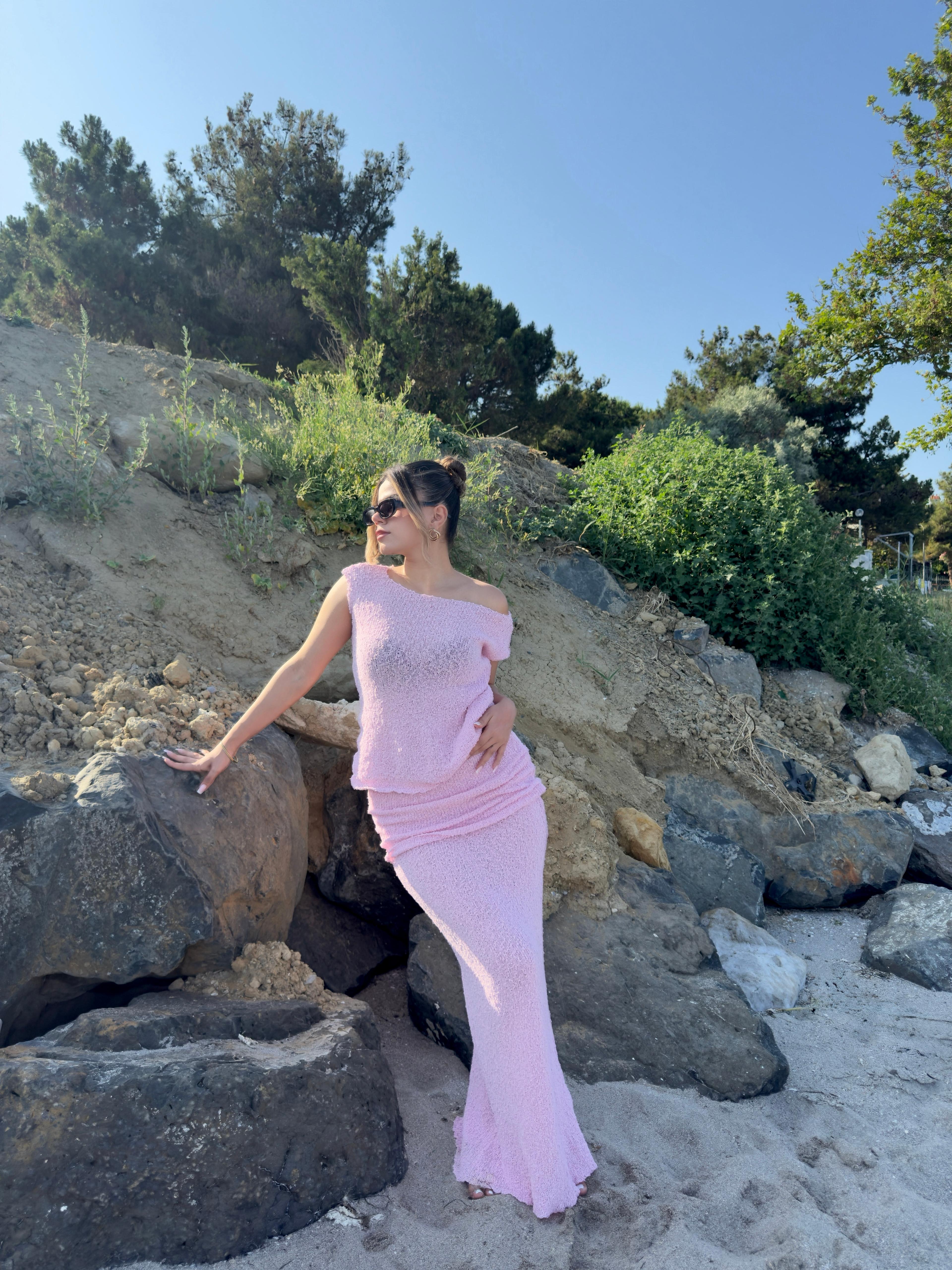 DOKULU DRAPELİ İKİLİ TAKIM - Pembe