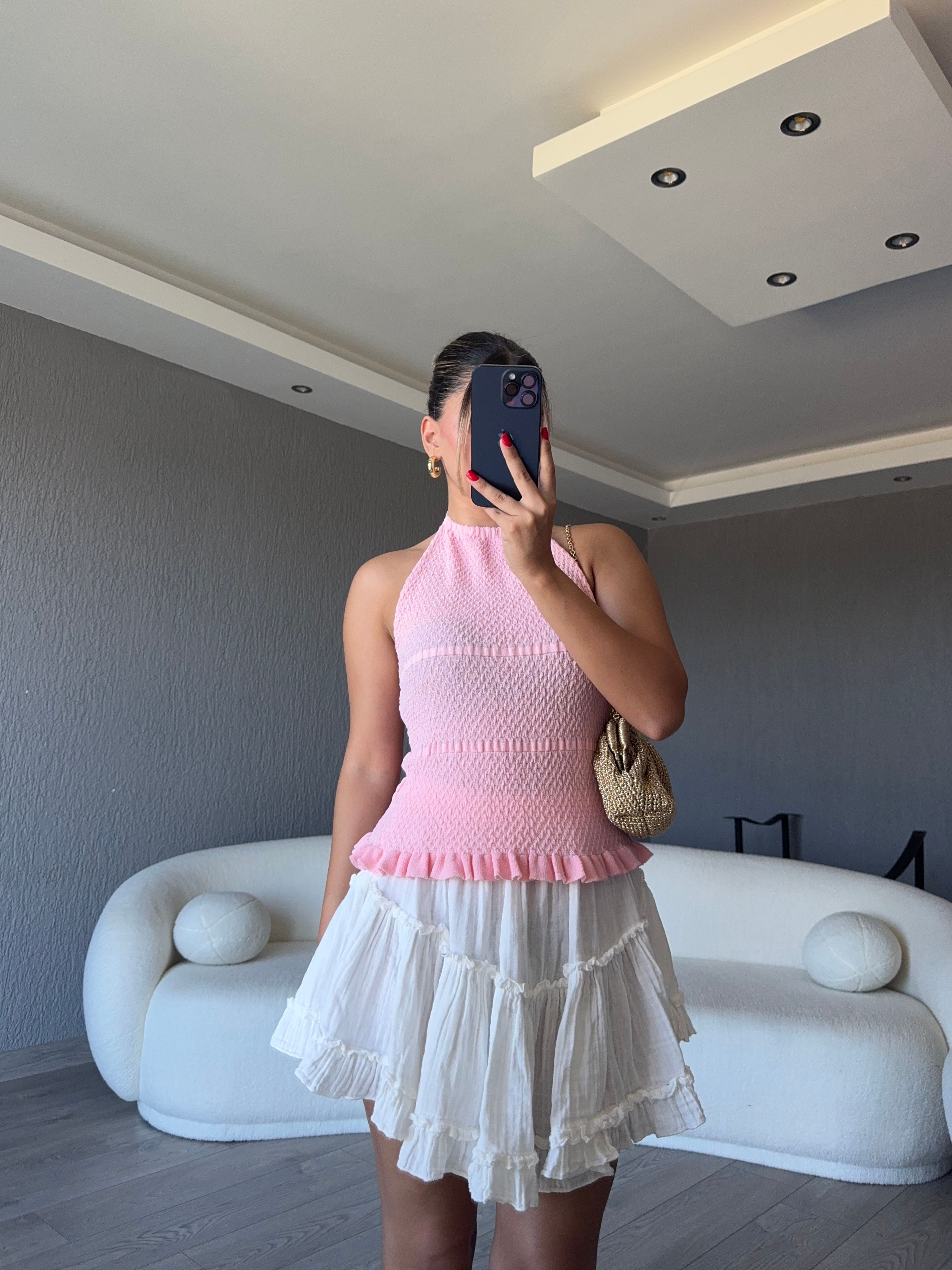 HALTER YAKA BAĞLAMALI TRİKO BLUZ  - Pembe