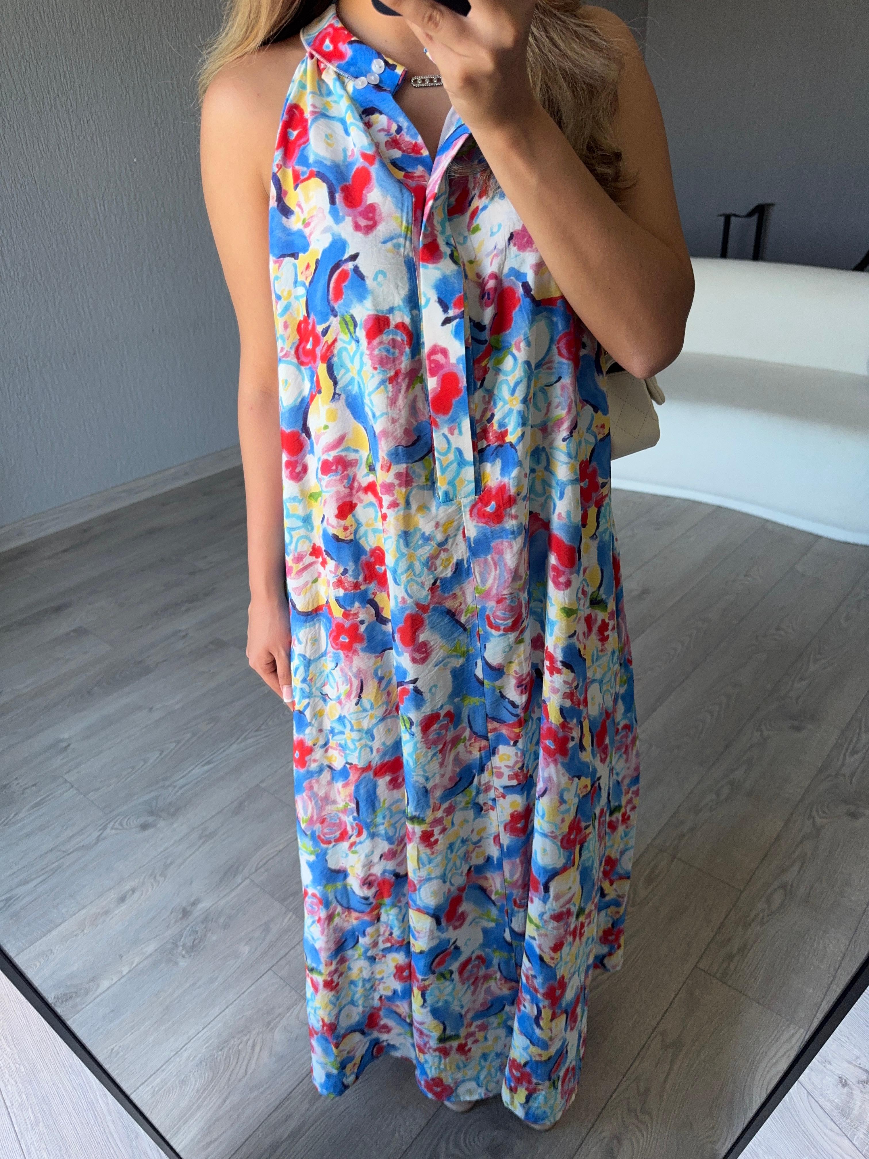 HALTER YAKA ÇİÇEK DESENLİ ELBİSE 