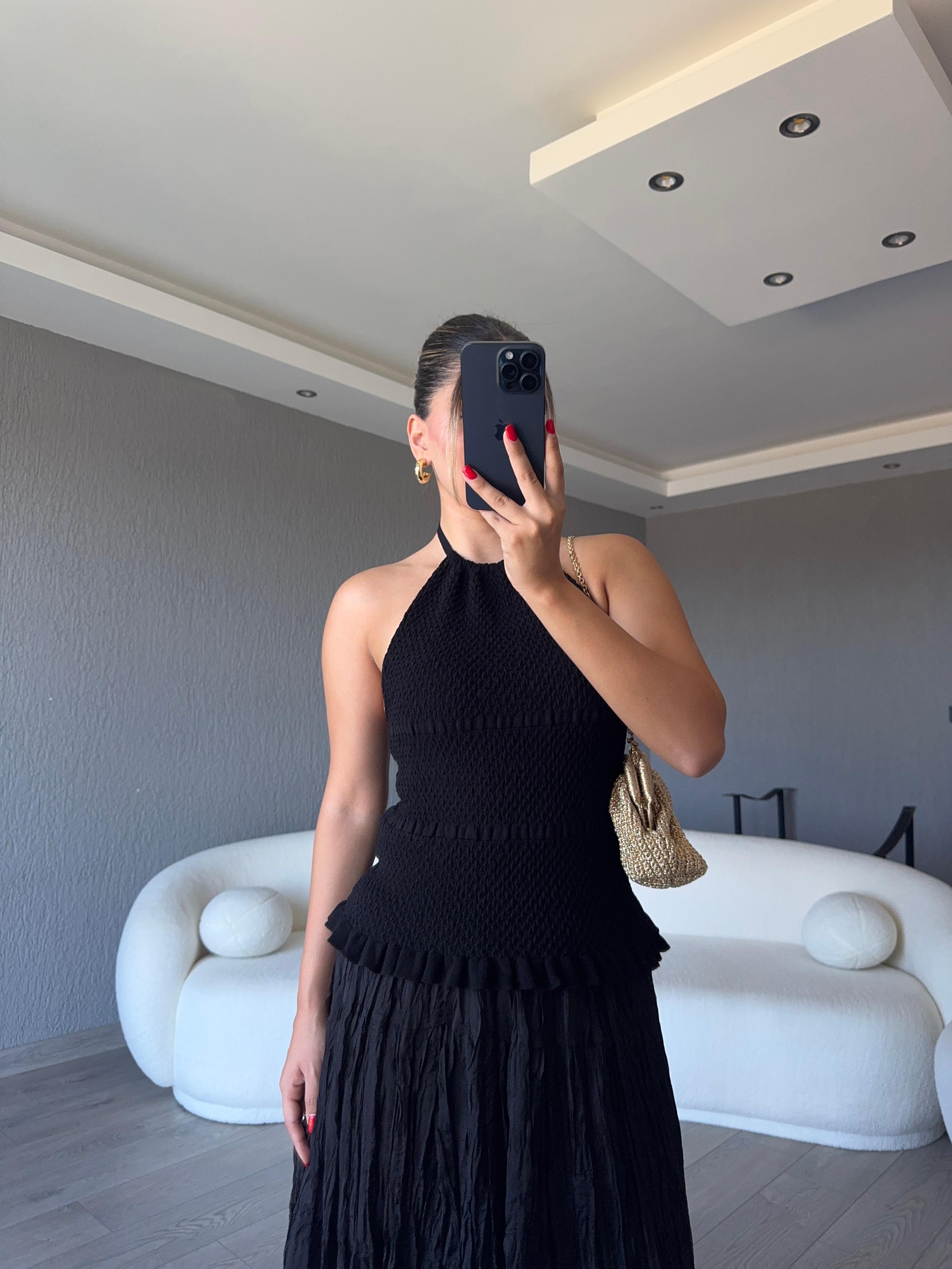 HALTER YAKA BAĞLAMALI TRİKO BLUZ  - Siyah