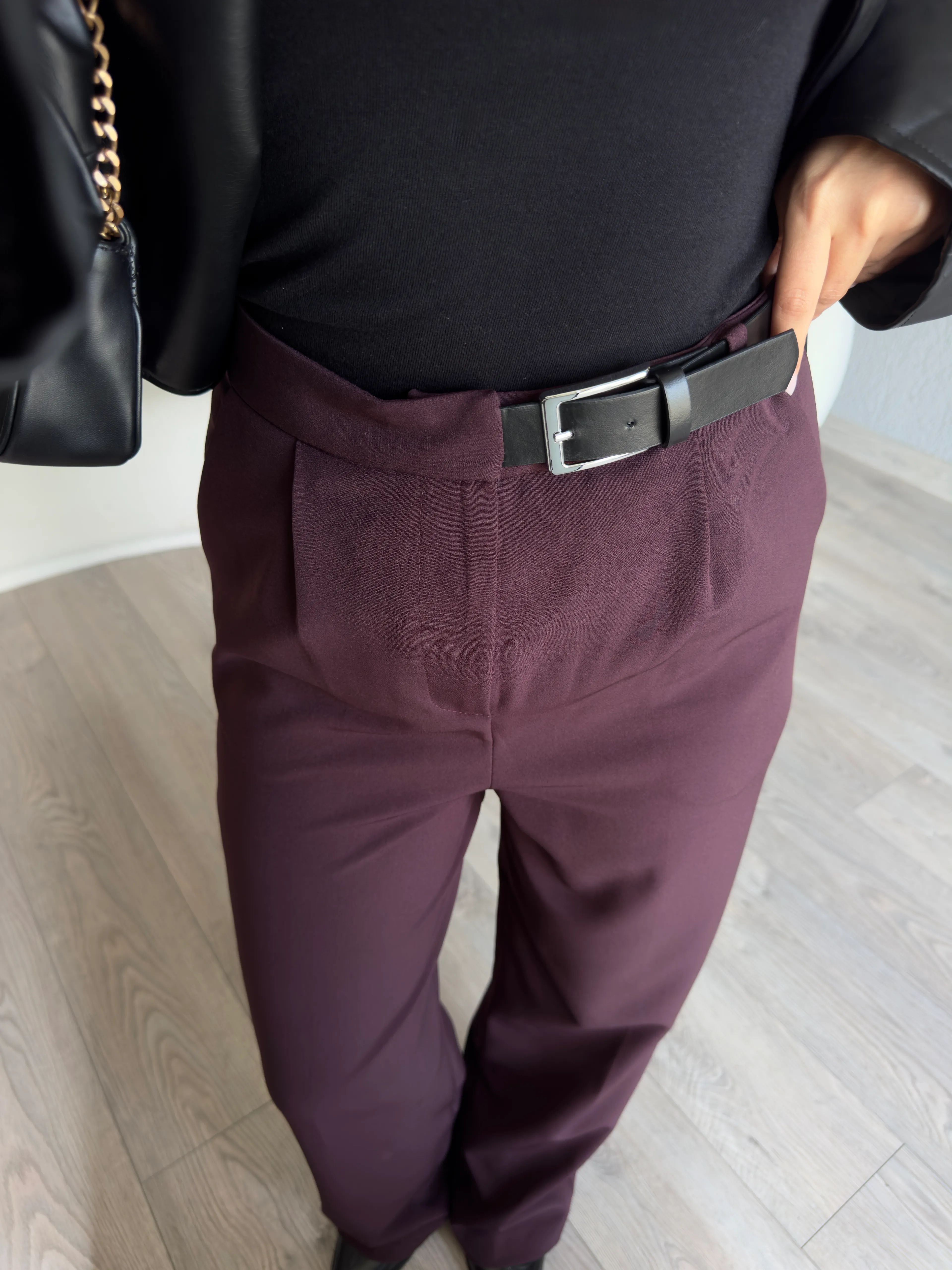 KEMERLİ BORDO PALAZZO PANTOLON