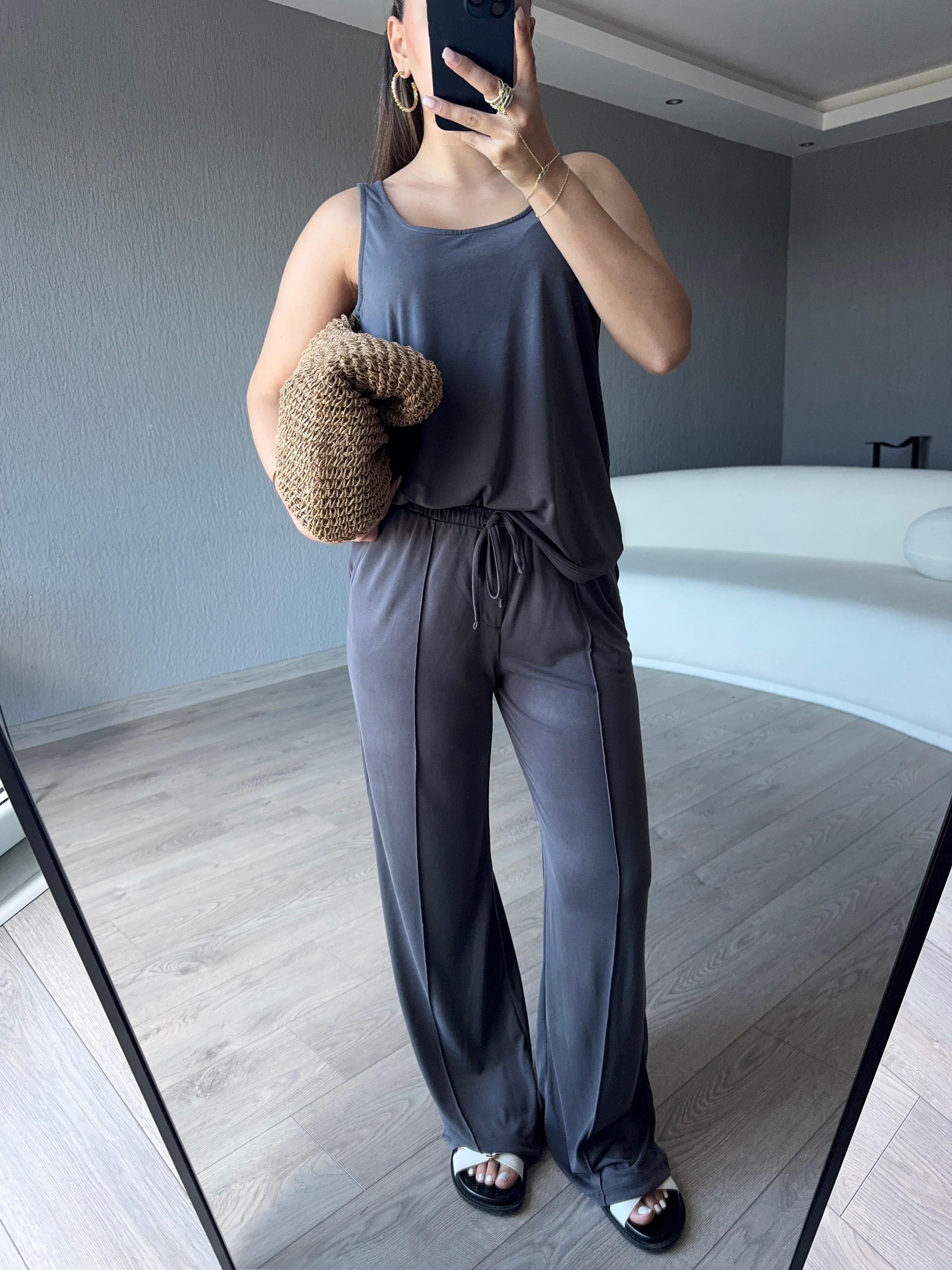 GRİ BASİC ASKILI BLUZ PANTOLON TAKIM 