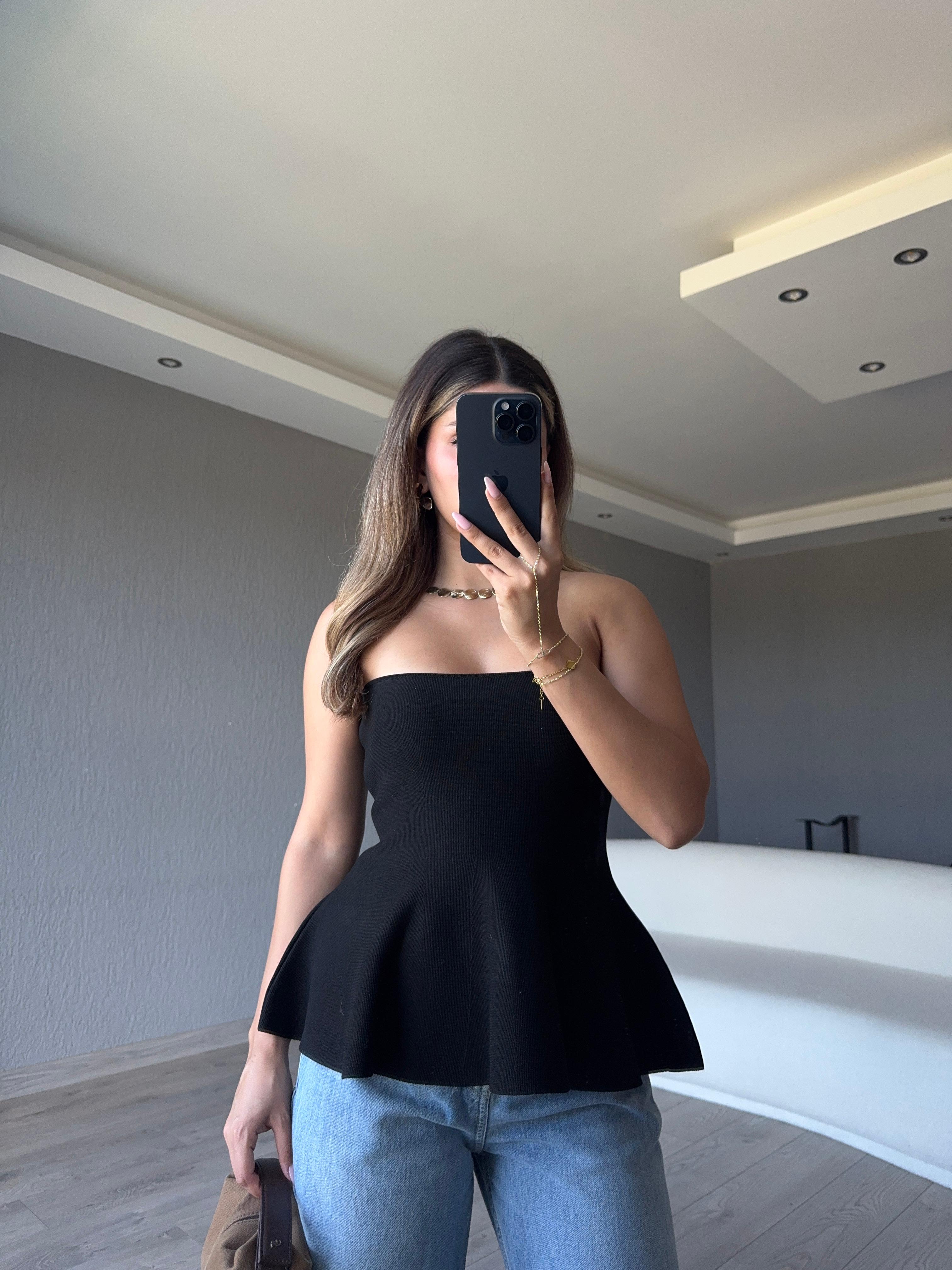 STRAPLEZ PEPLUM TRİKO BLUZ - Siyah