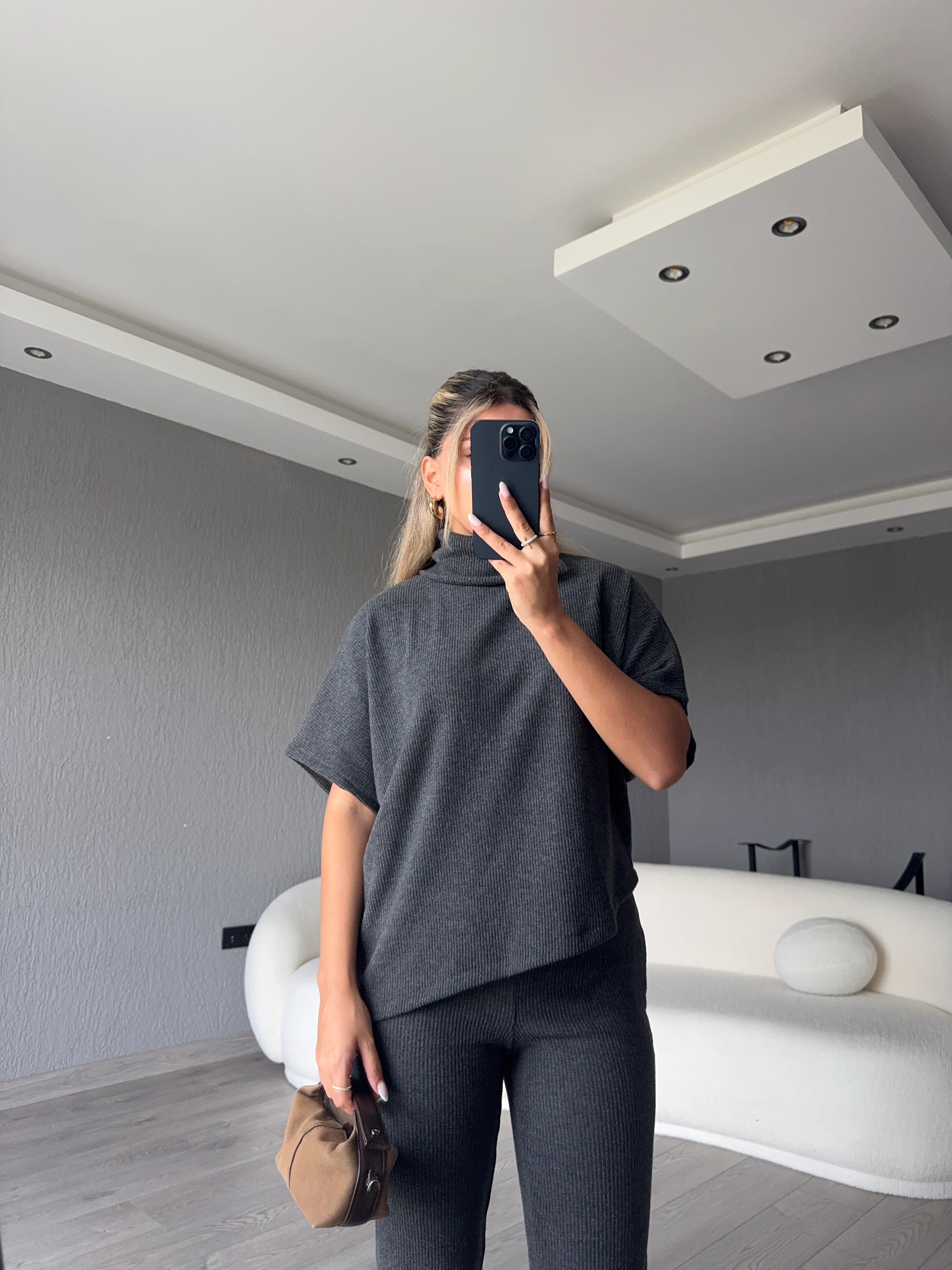 ASİMETRİK KESİM BOĞAZLI KAZAK PANTOLON TAKIM - Gri