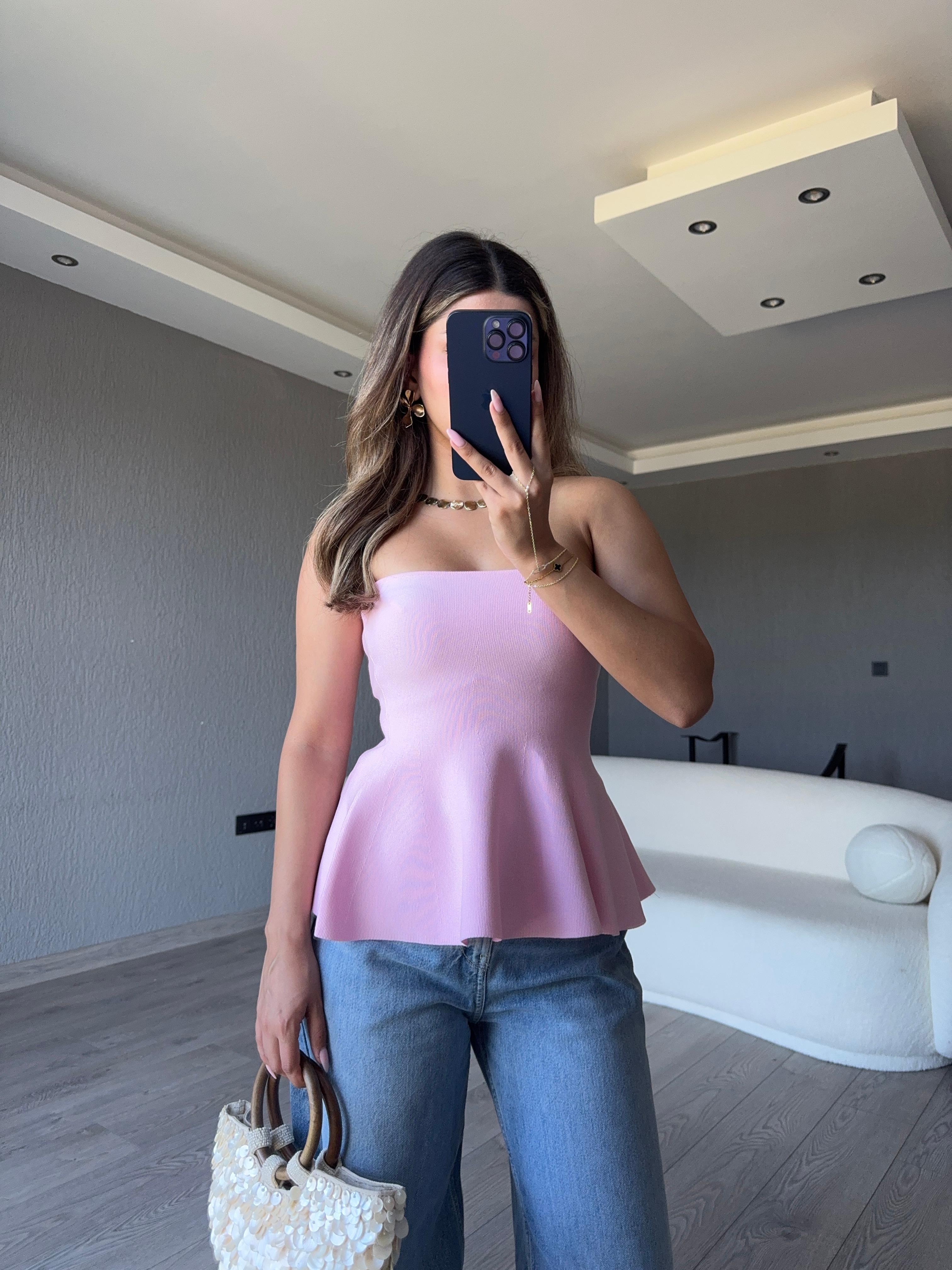 STRAPLEZ PEPLUM TRİKO BLUZ - Pembe