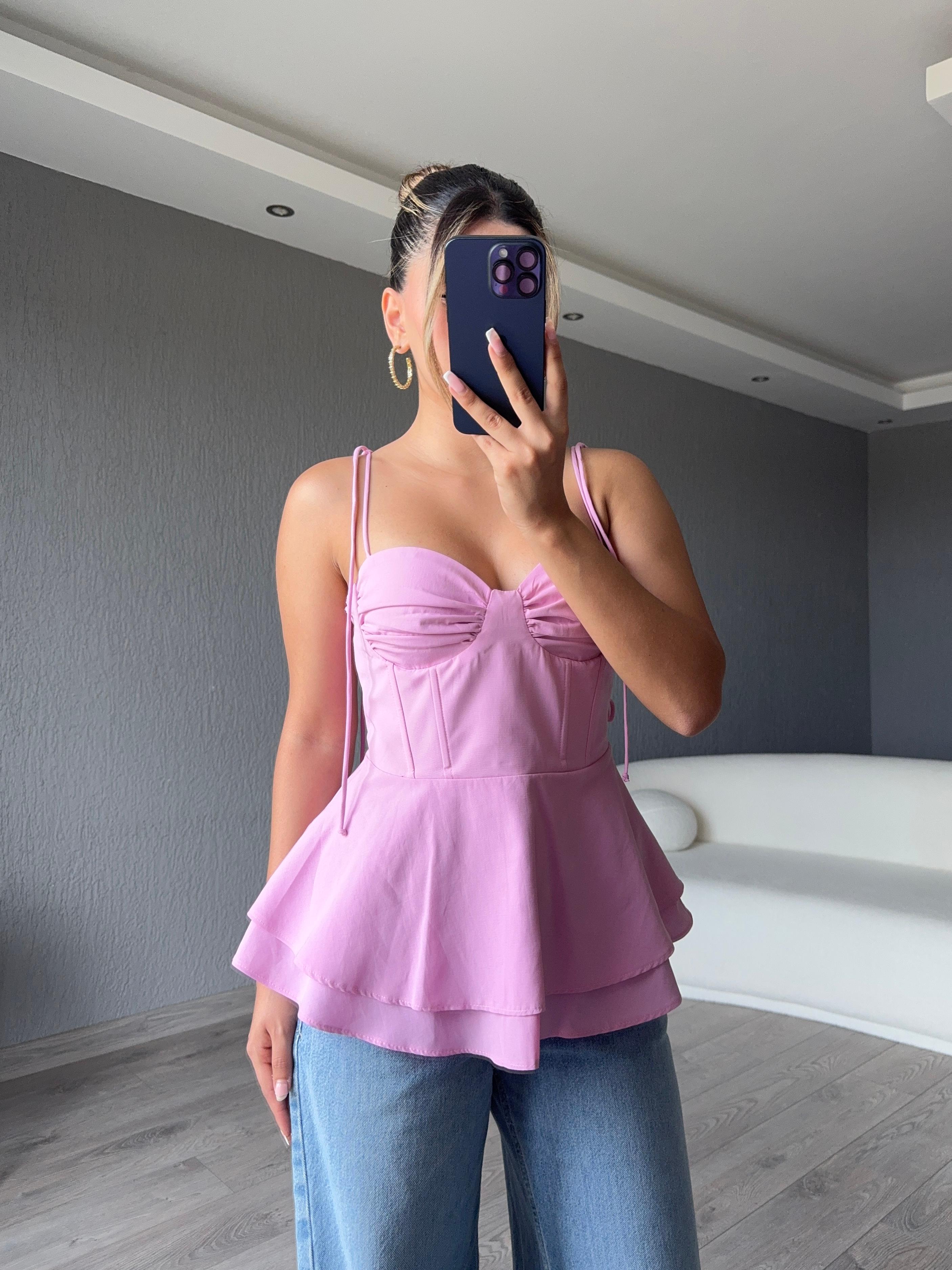 POPLİN ASKILARI AYARLANABİLİR BUSTİYER - Pembe