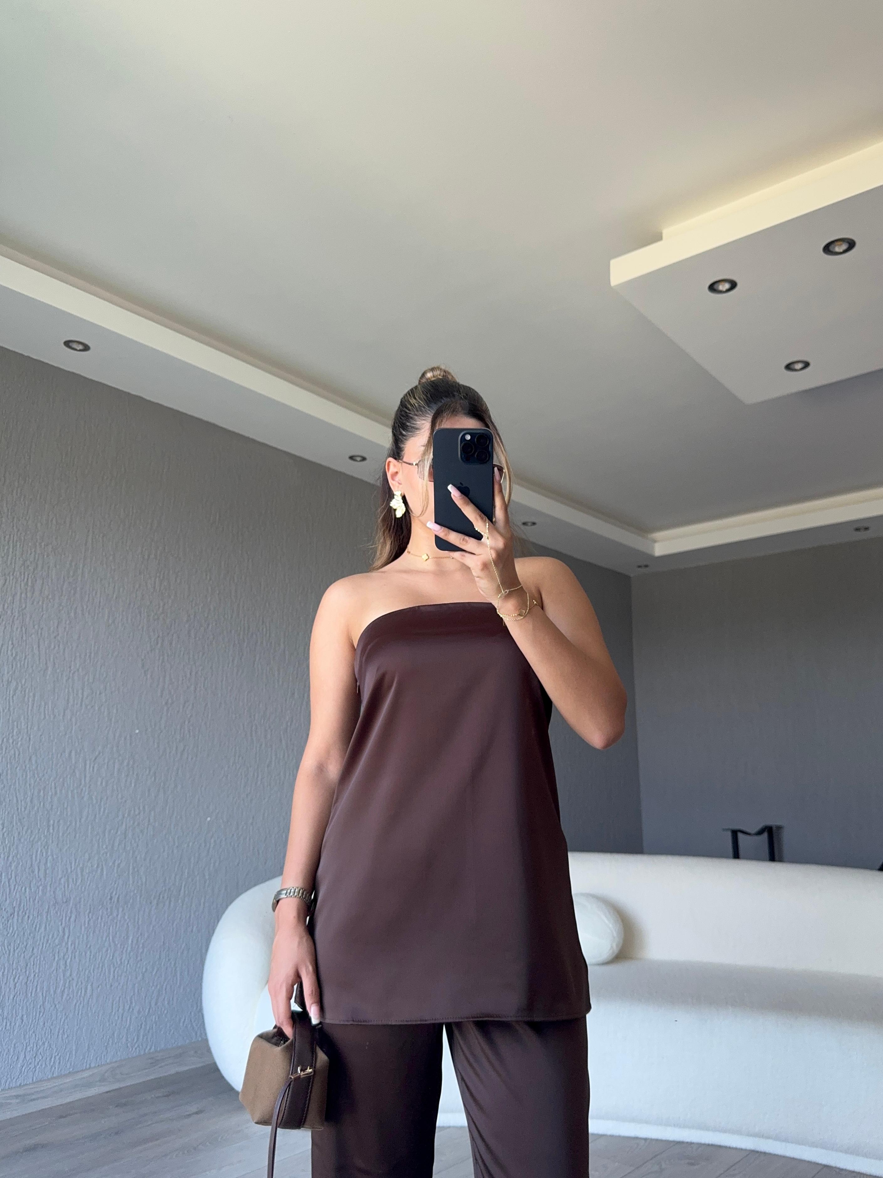 SATEN STRAPLEZ BLUZ PANTOLON TAKIM - Kahve