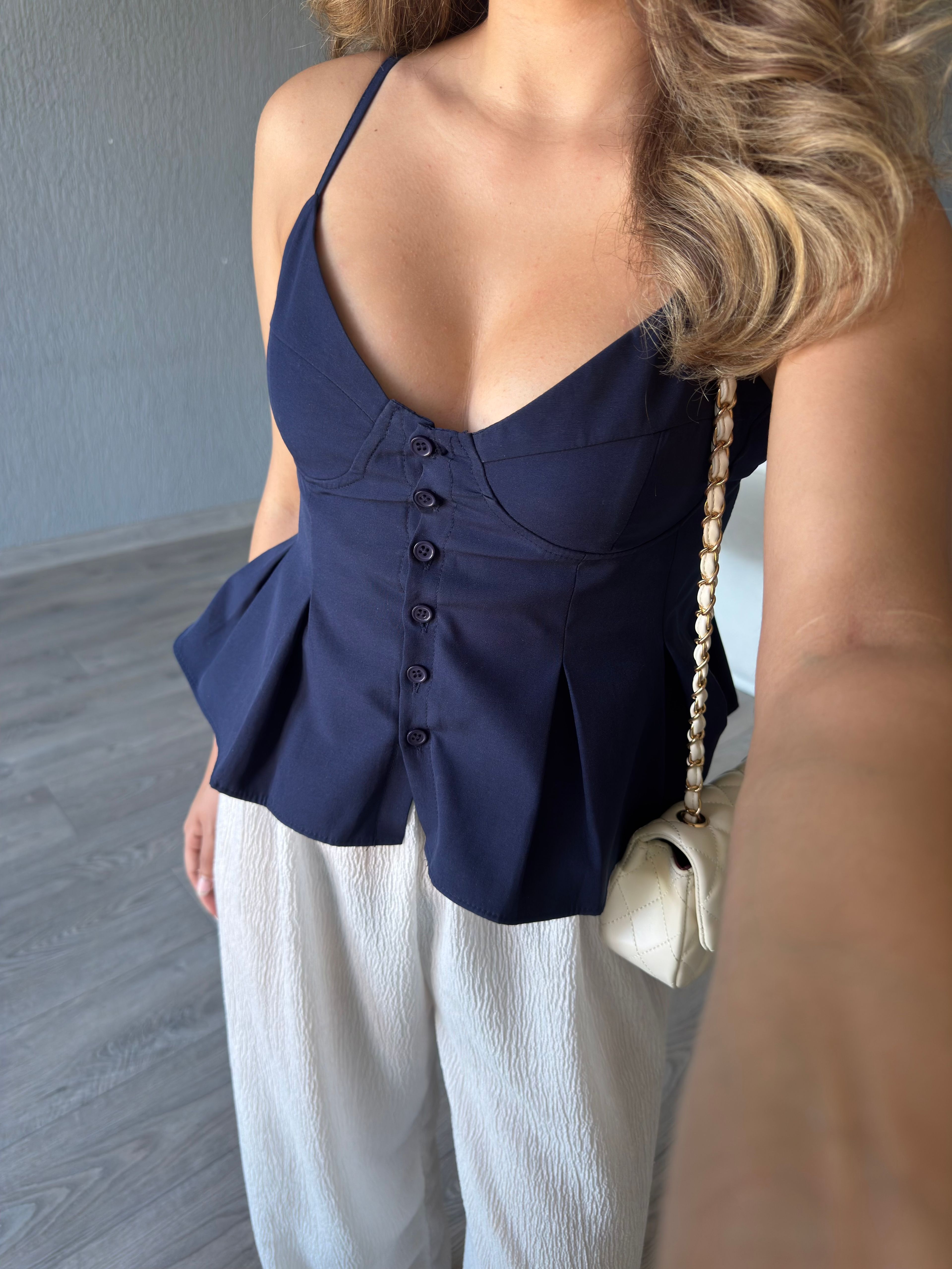 POPLİN DÜĞME DETAYLI CROP - Lacivert