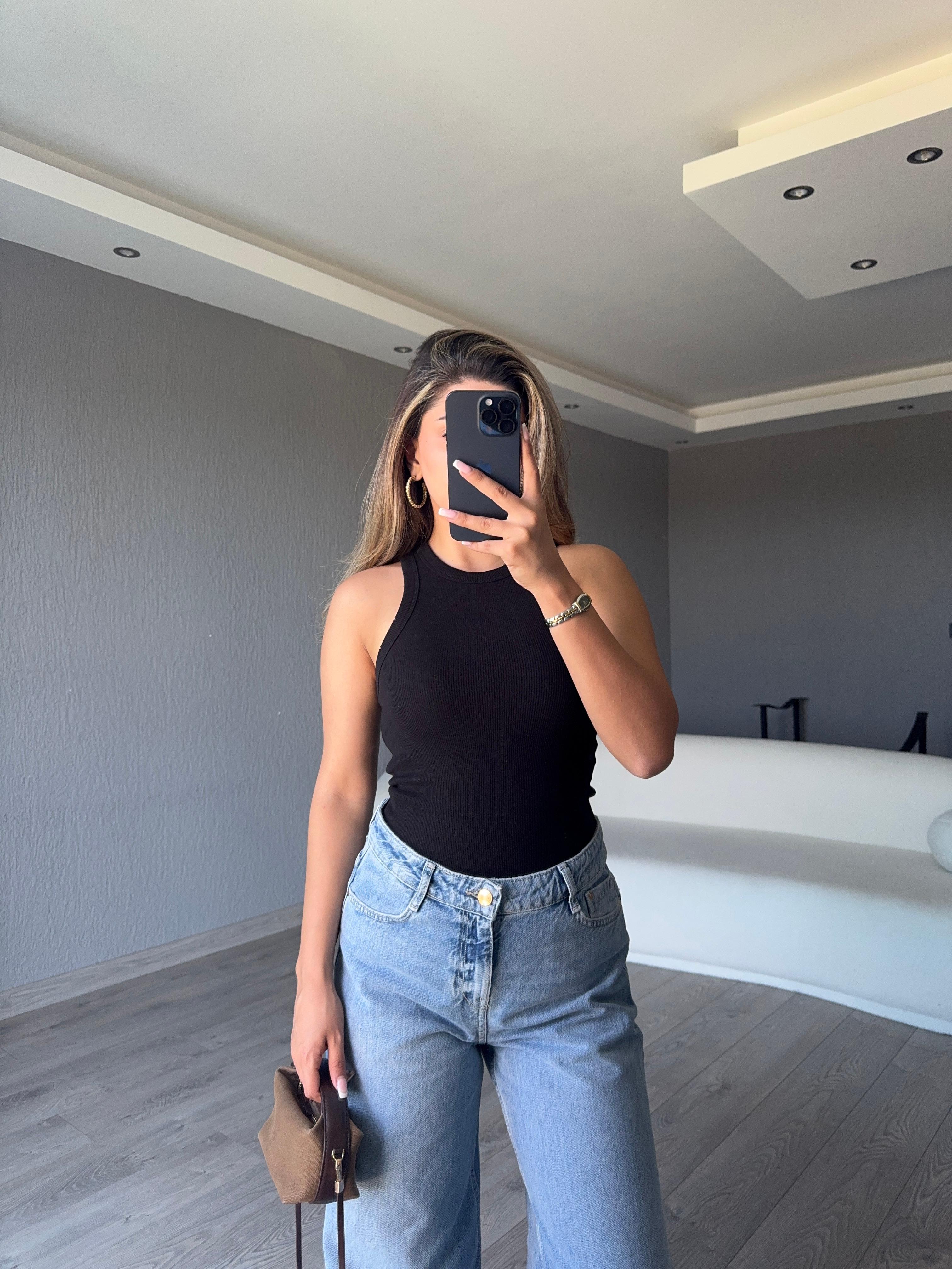 FİTİLLİ KOLSUZ BODY - Siyah