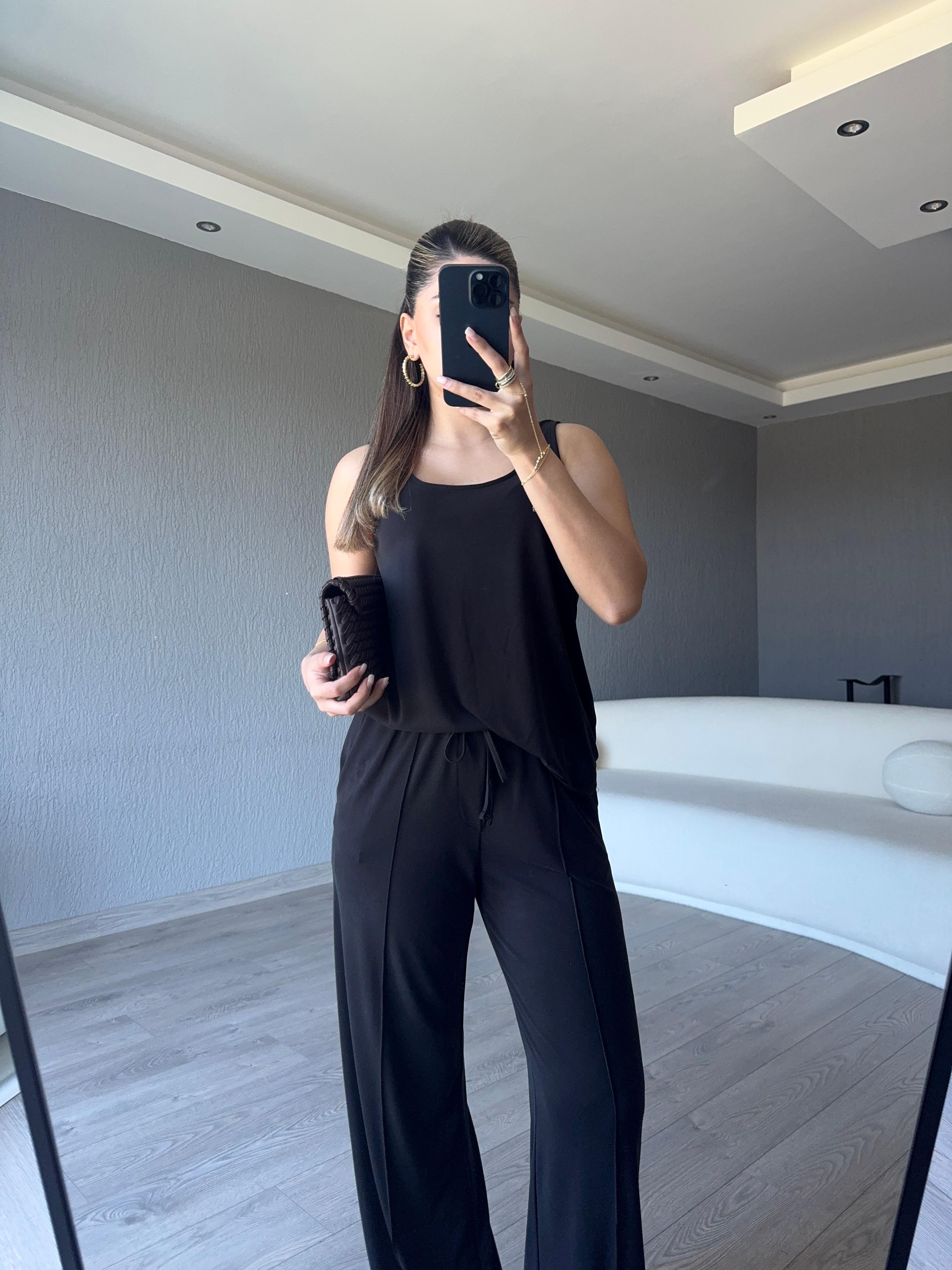 SİYAH BASİC ASKILI BLUZ PANTOLON TAKIM 