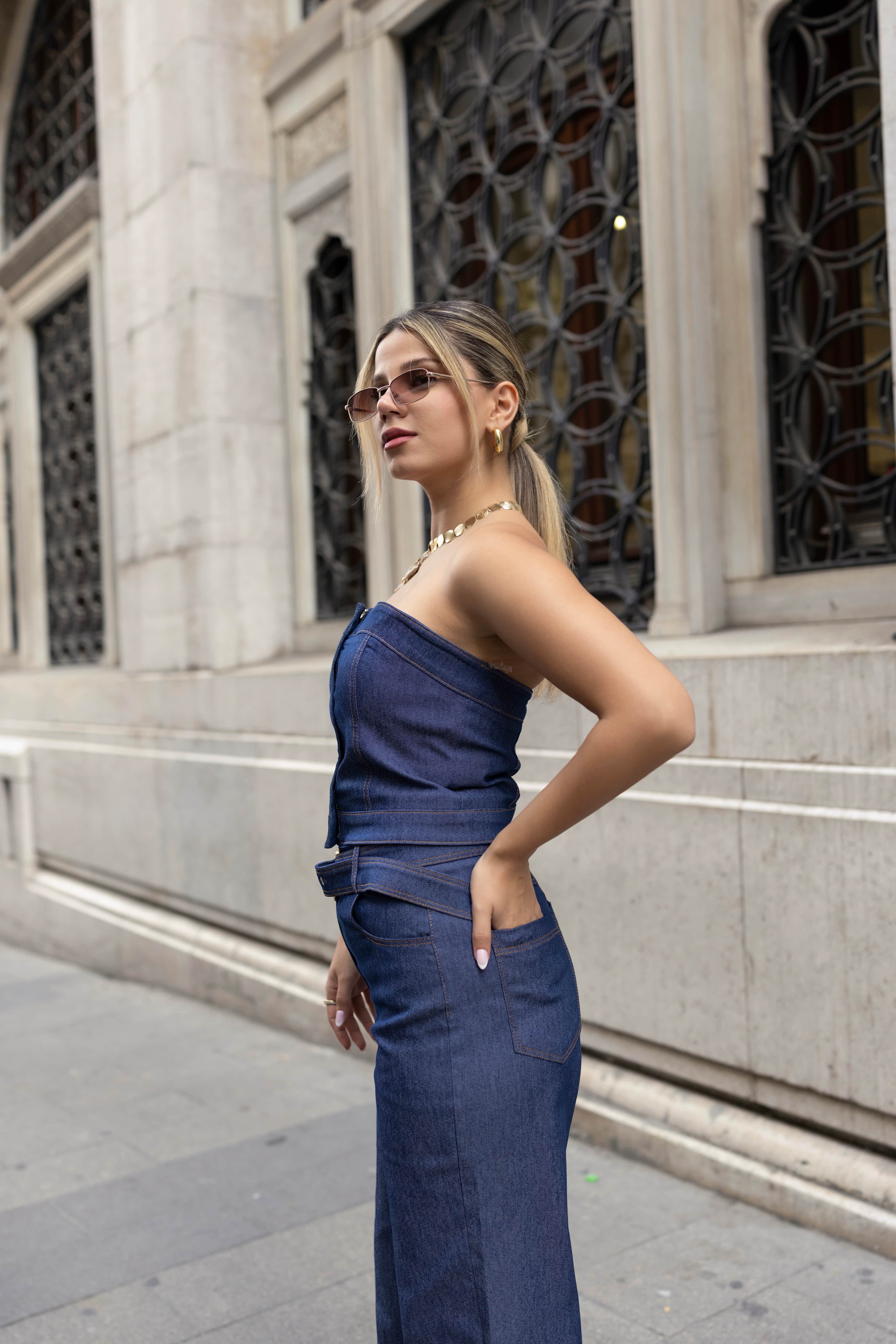 DENİM STRAPLEZ CROP BUSTİYER