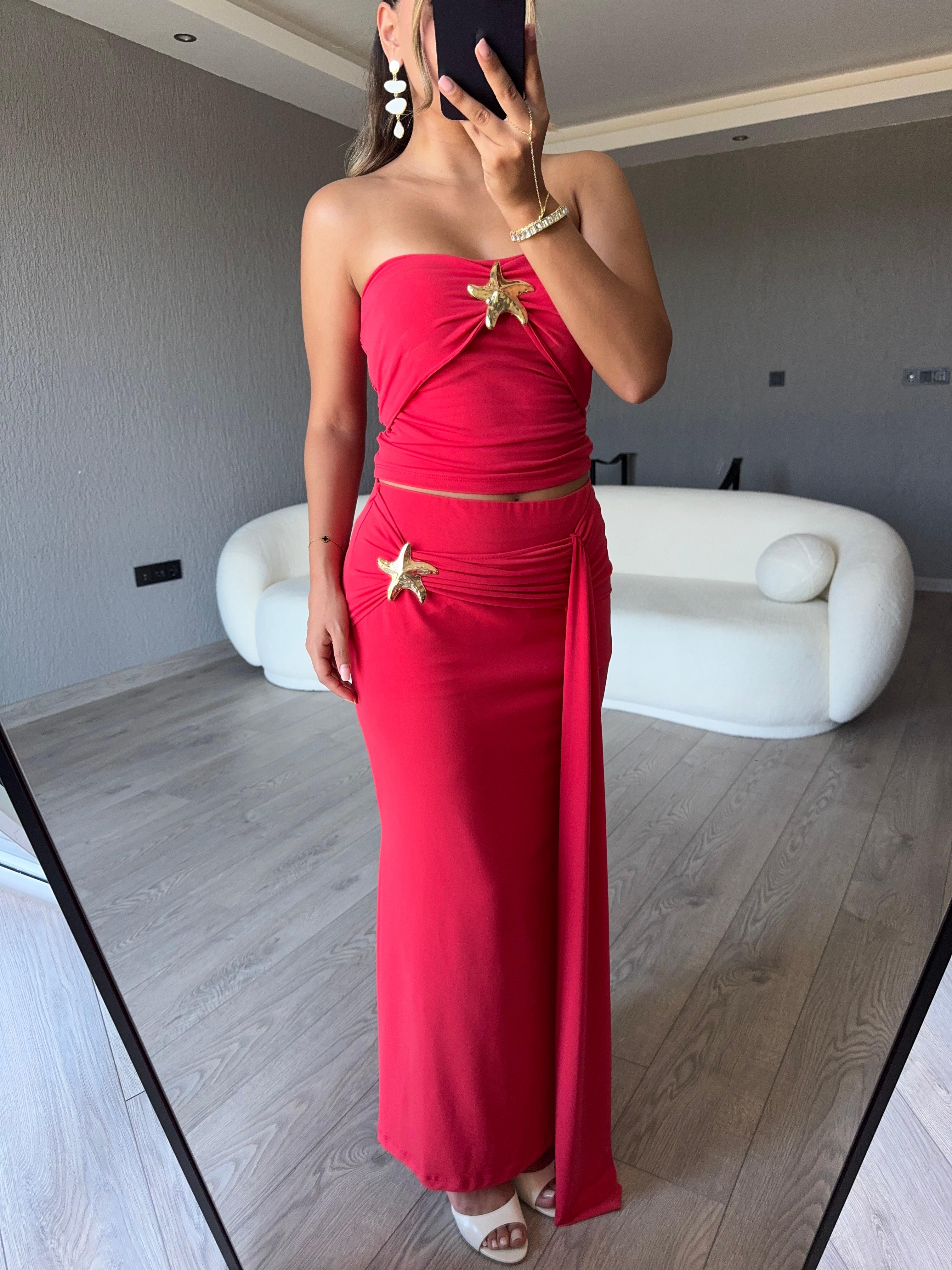 YILDIZ GOLD DETAYLI STRAPLEZ TAKIM  - Pembe